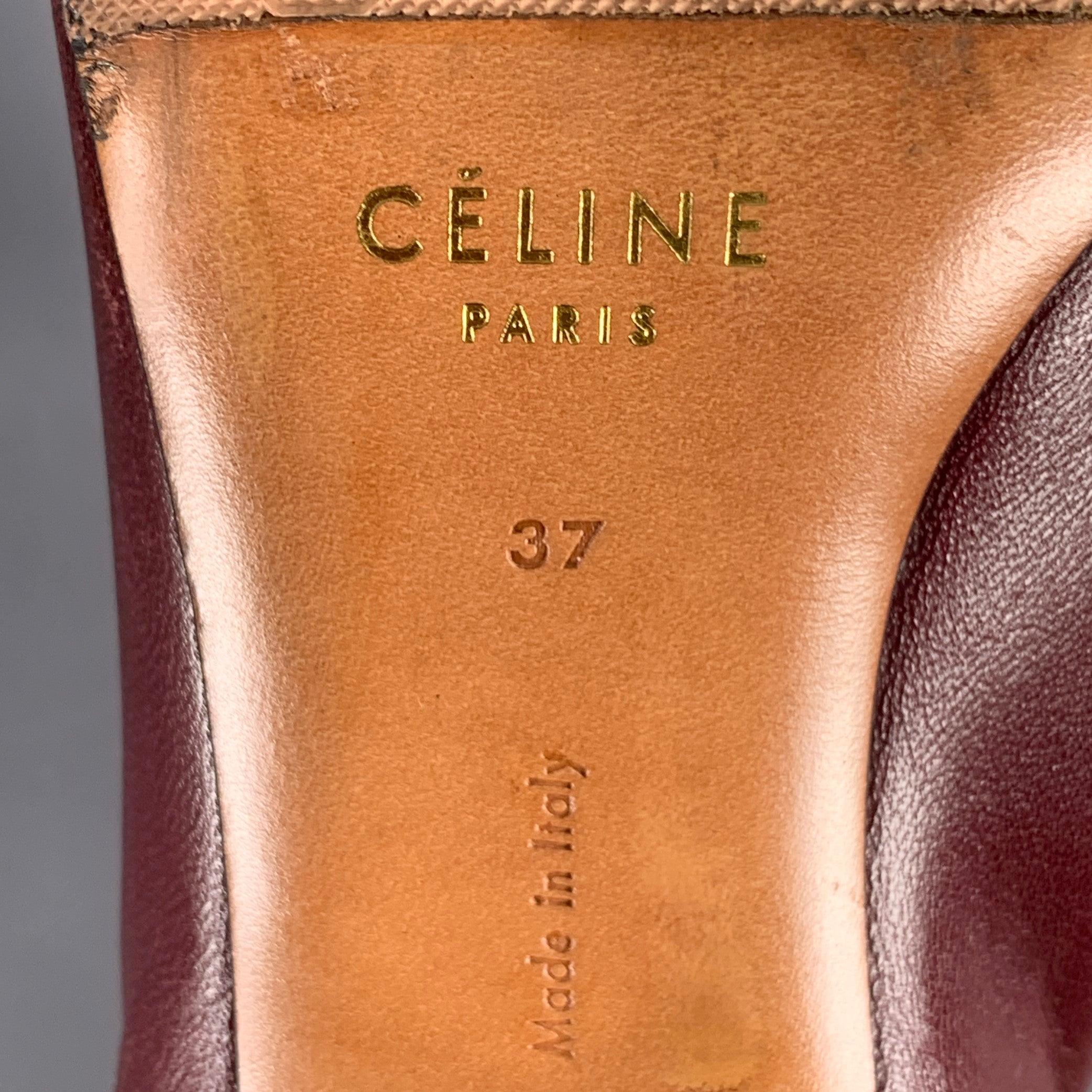 CELINE Size 7 High Throat Burgundy Leather Cone Heel Pumps For Sale 3