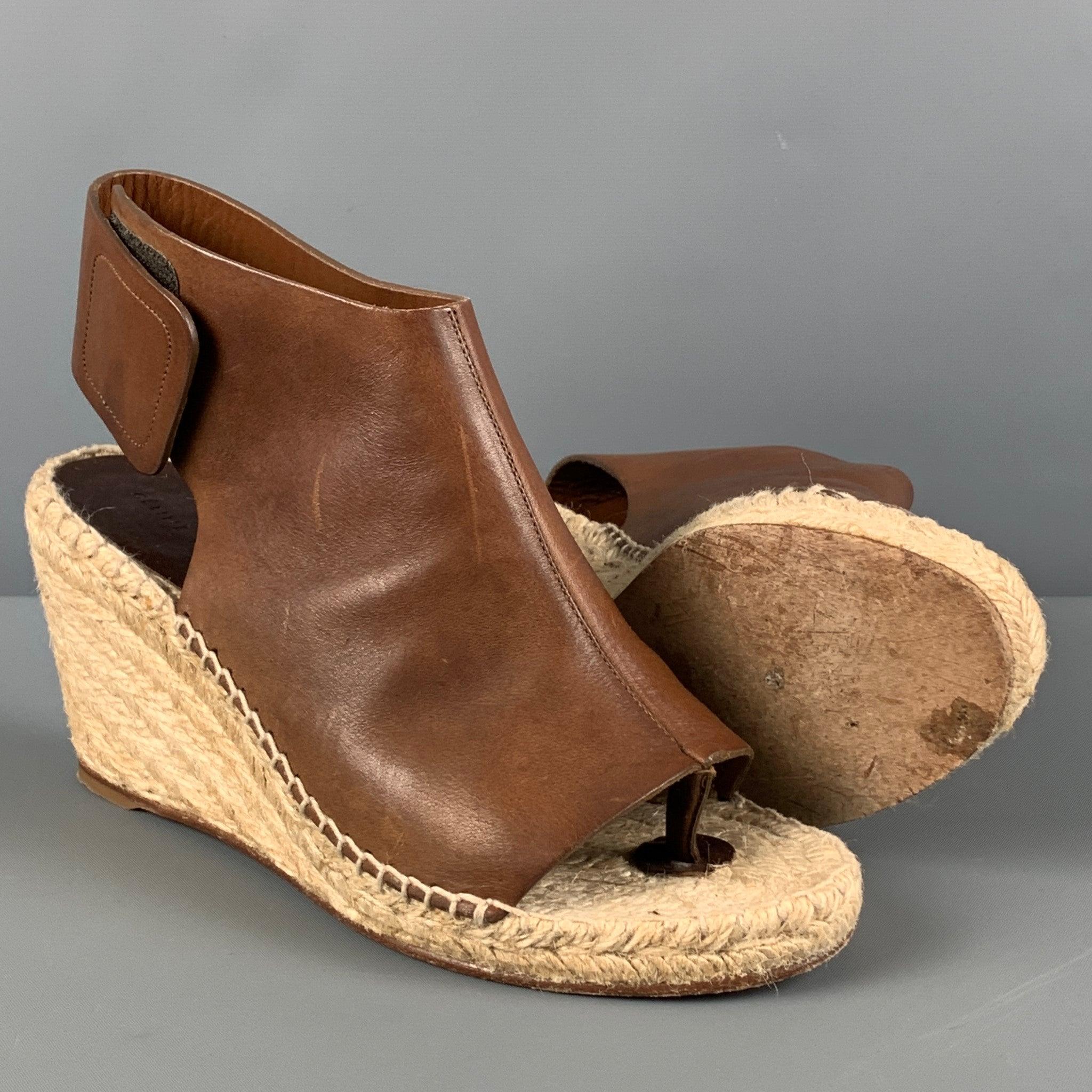 Brown CELINE Size 7 Tan Natural Leather Mixed Materials Espadrille Sandals For Sale