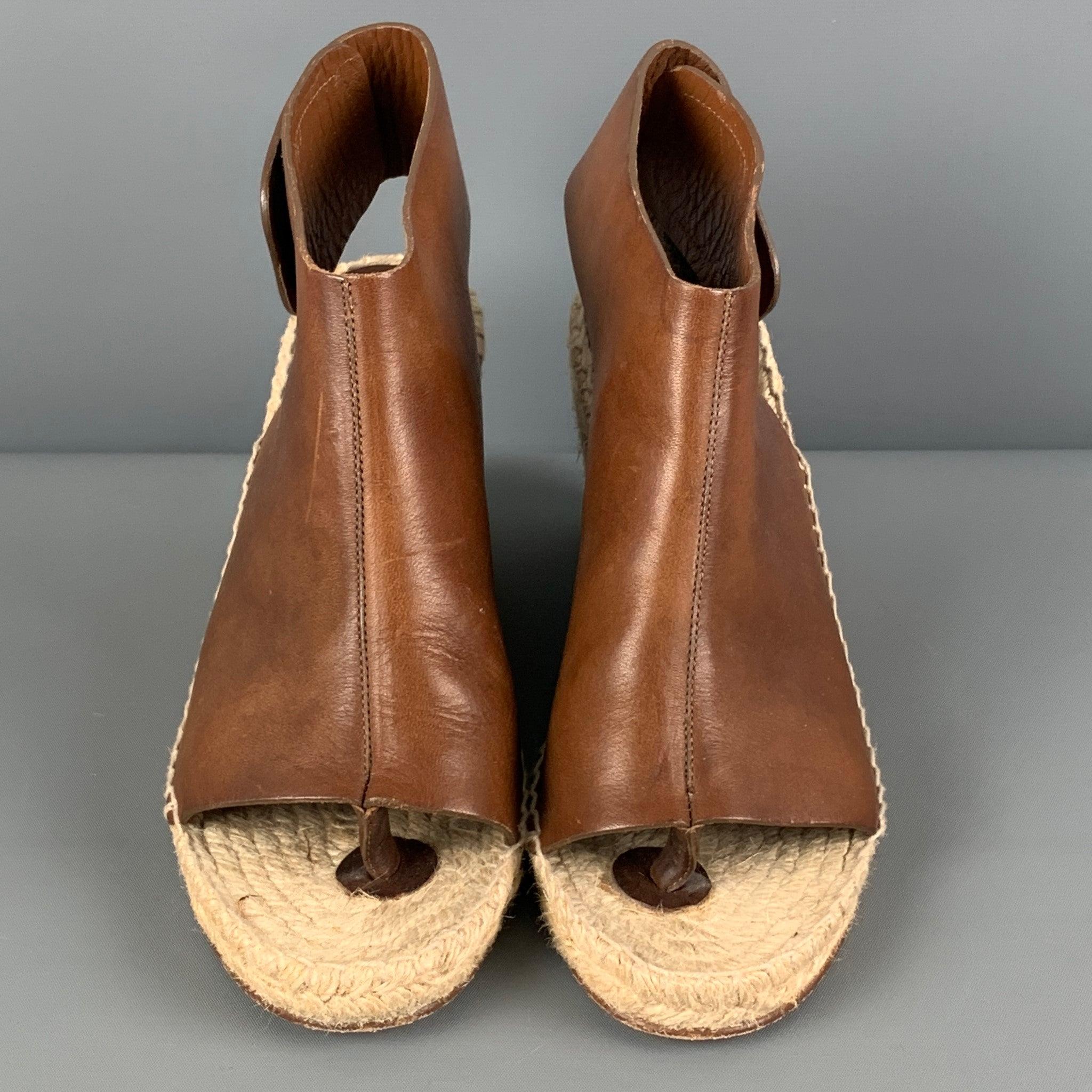 CELINE Size 7 Tan Natural Leather Mixed Materials Espadrille Sandals In Good Condition For Sale In San Francisco, CA