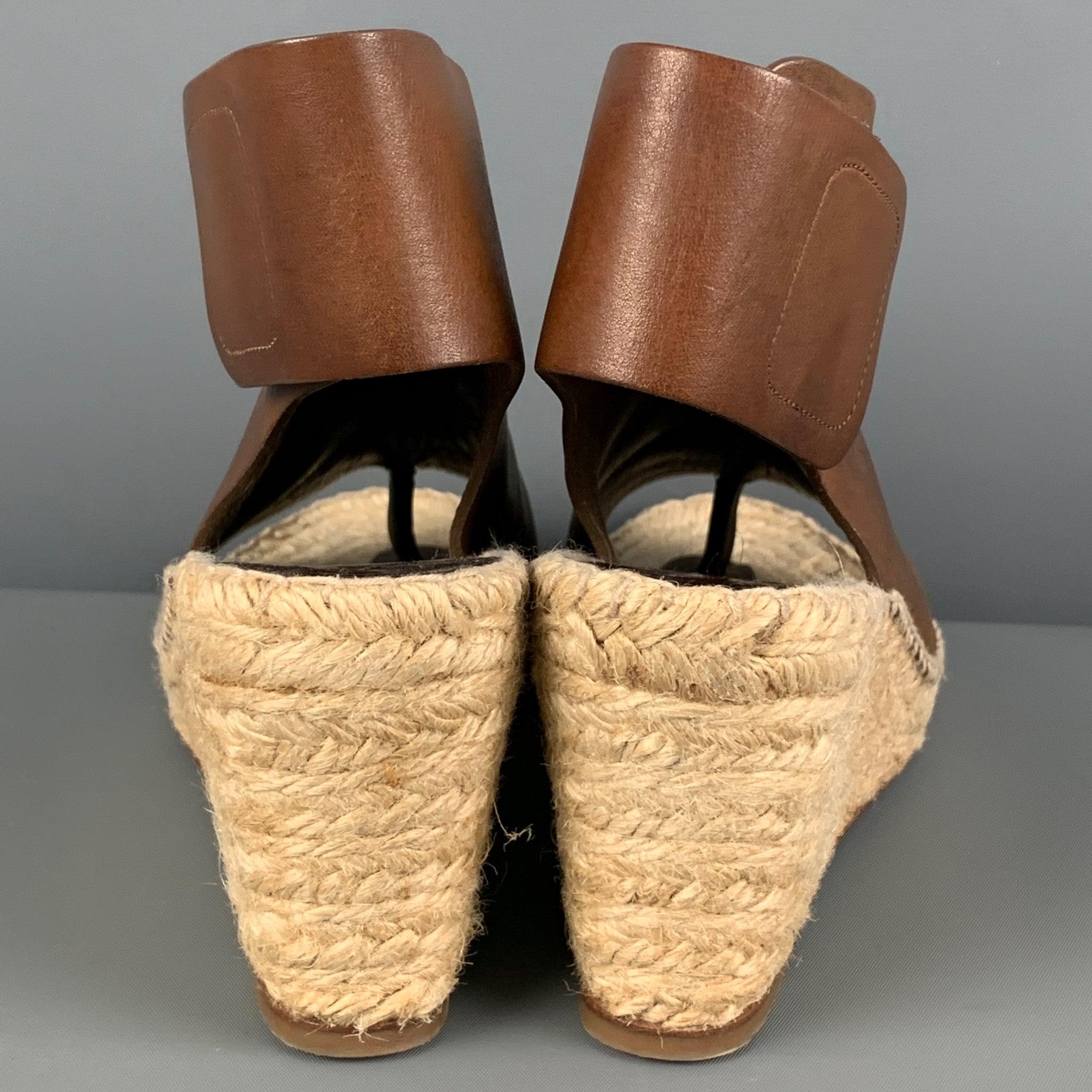 CELINE Size 7 Tan Natural Leather Mixed Materials Espadrille Sandals For Sale 1
