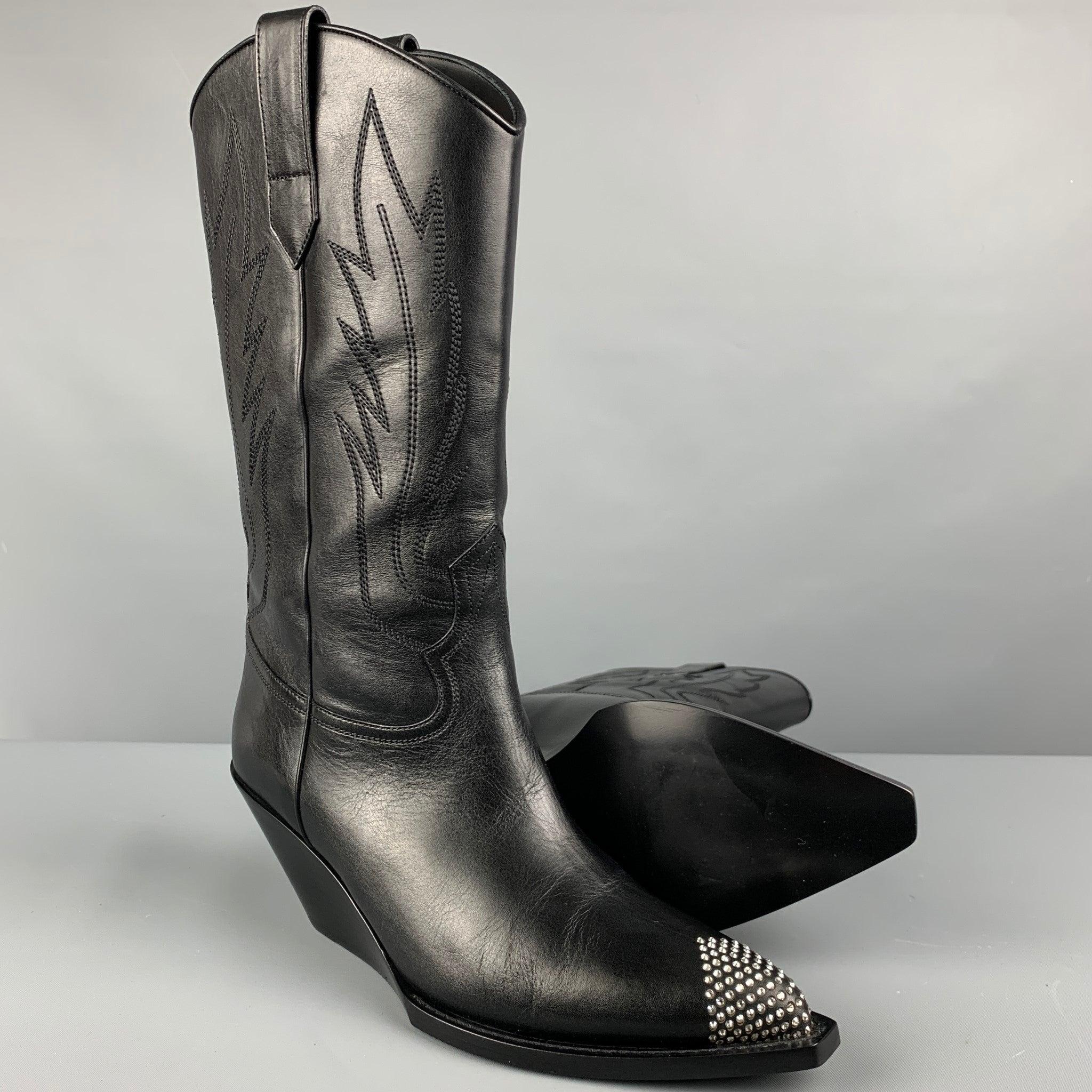CELINE Size 8 Mens Black Rhinestone Leather Western Boots For Sale 1
