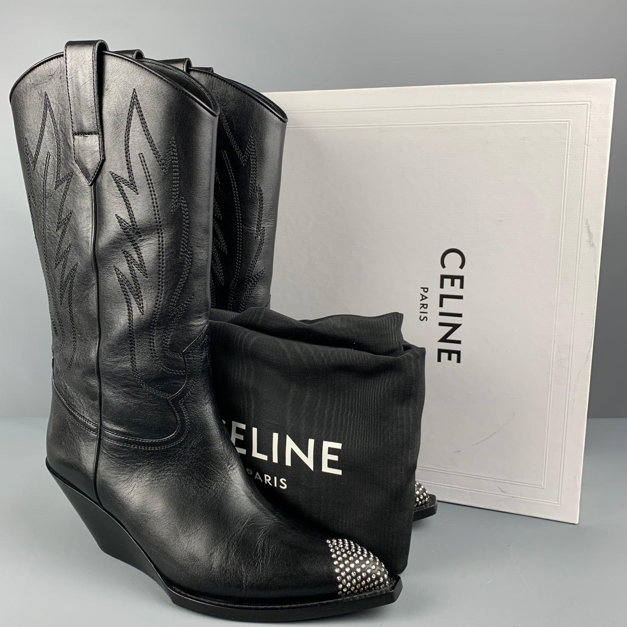 CELINE Size 8 Mens Black Rhinestone Leather Western Boots For Sale 5