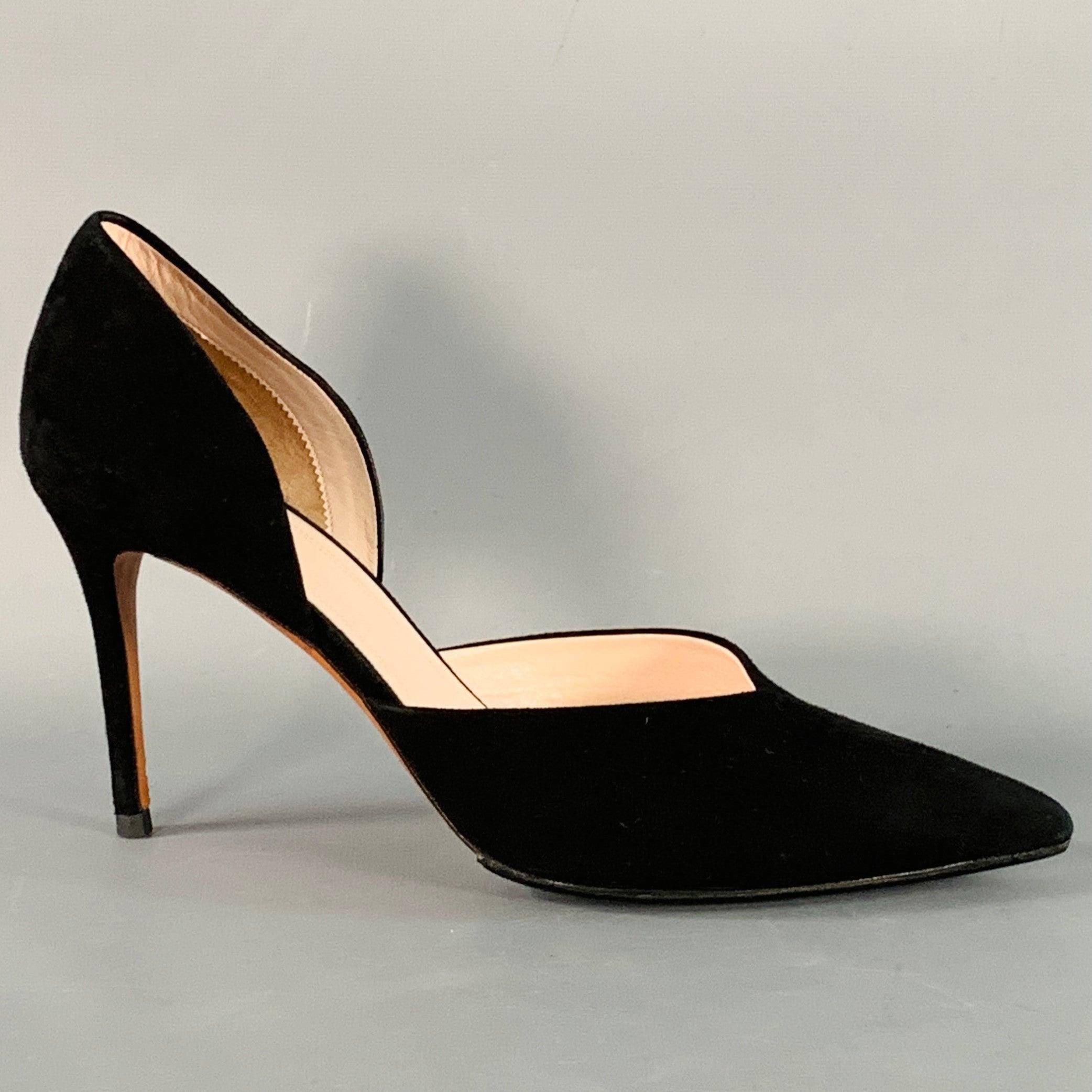 CELINE PARIS pumps
in a black suede featuring a D'Orsay style, stiletto heel, and pointed toe. Made in Italy.Excellent Pre-Owned Condition with Box. 

Marked:   IT 38.5 

Measurements: 
  Heel: 3.75 inches 
  
  
 
Sui Generis Reference: