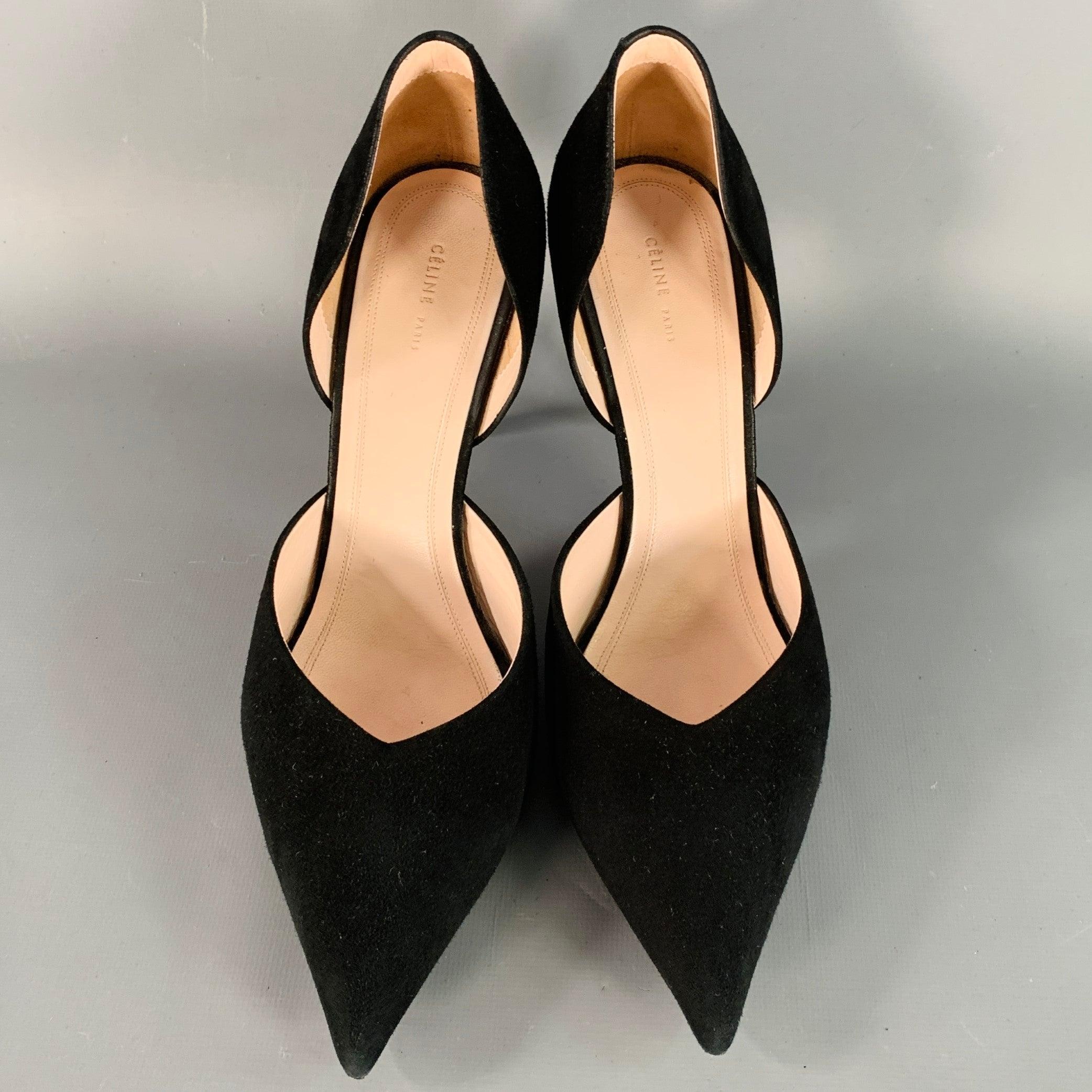 Women's CELINE Size 8.5 Black Suede Pointed Toe D'Orsay Stiletto Pumps For Sale