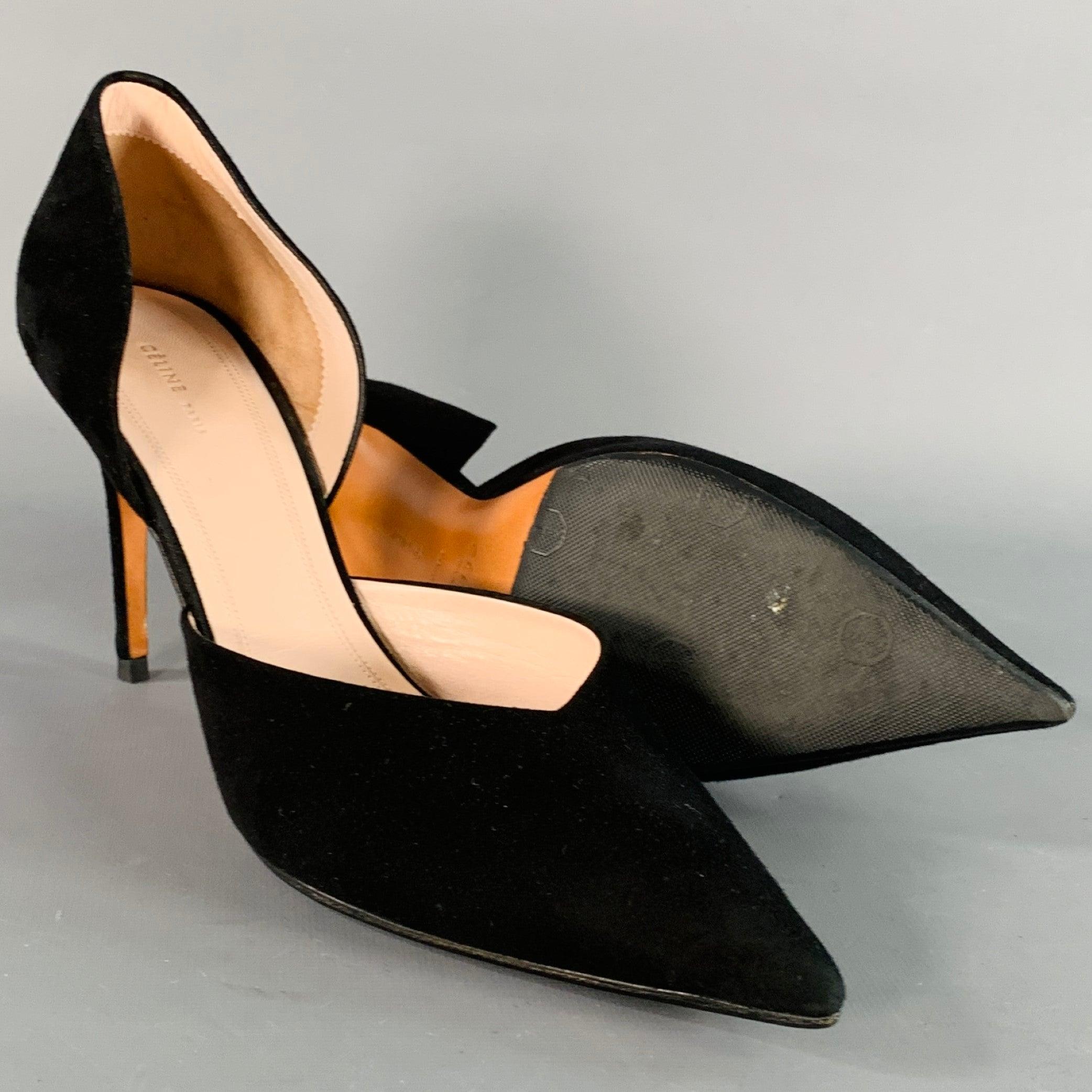 CELINE Size 8.5 Black Suede Pointed Toe D'Orsay Stiletto Pumps For Sale 1