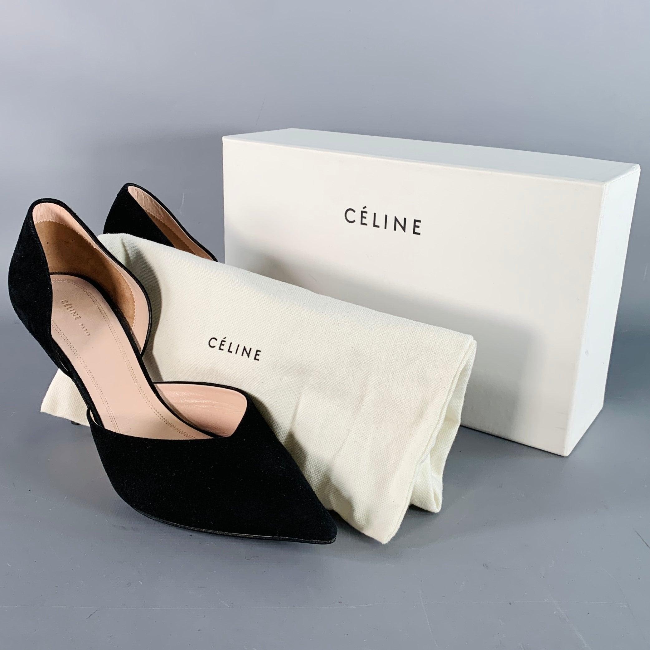 CELINE Size 8.5 Black Suede Pointed Toe D'Orsay Stiletto Pumps For Sale 4