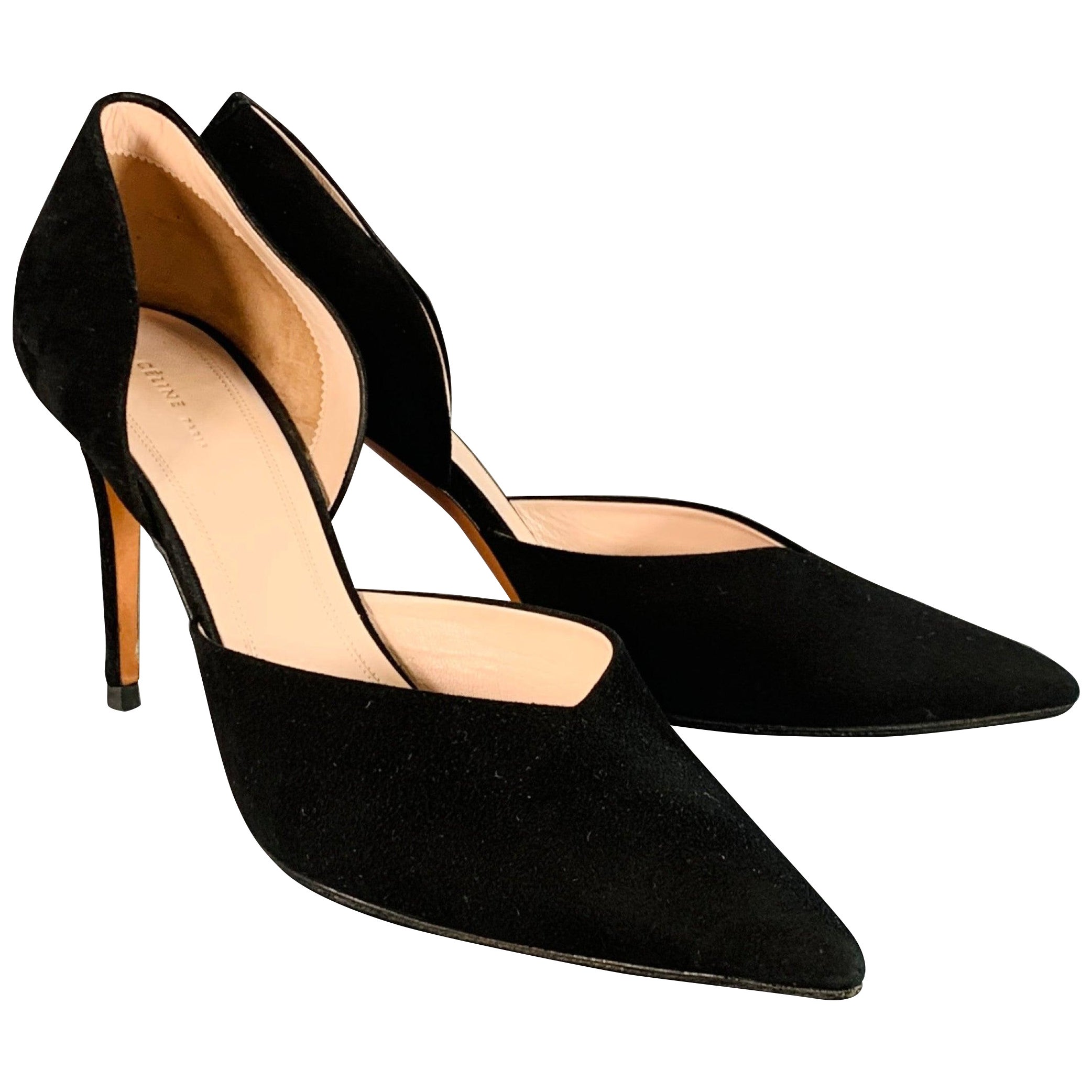 CELINE Size 8.5 Black Suede Pointed Toe D'Orsay Stiletto Pumps For Sale