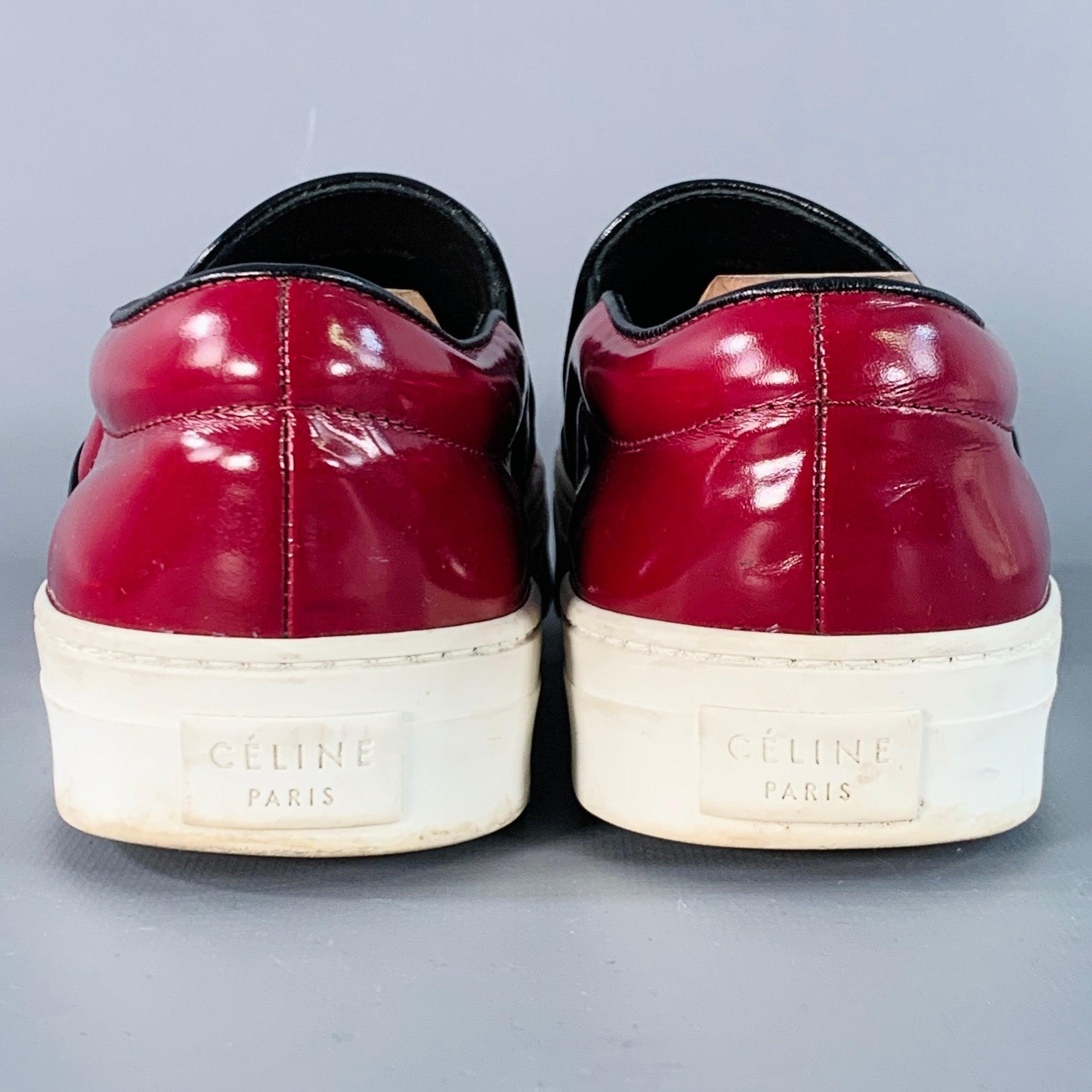 CELINE Talla 8.5 Borgoña Blanco Charol Slip On Sneakers Rojo en venta