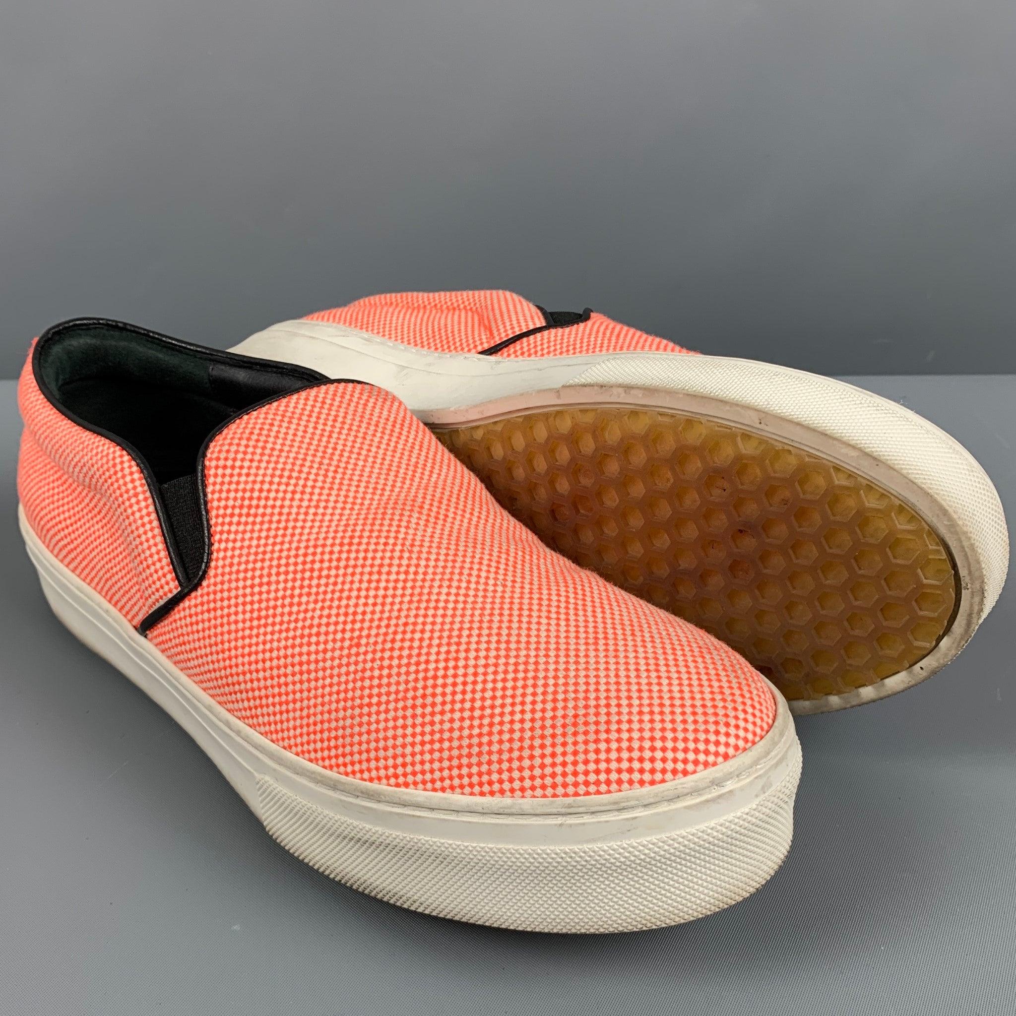 CELINE Size 8.5 Orange White Fabric Nailhead Slip On Sneakers For Sale 1