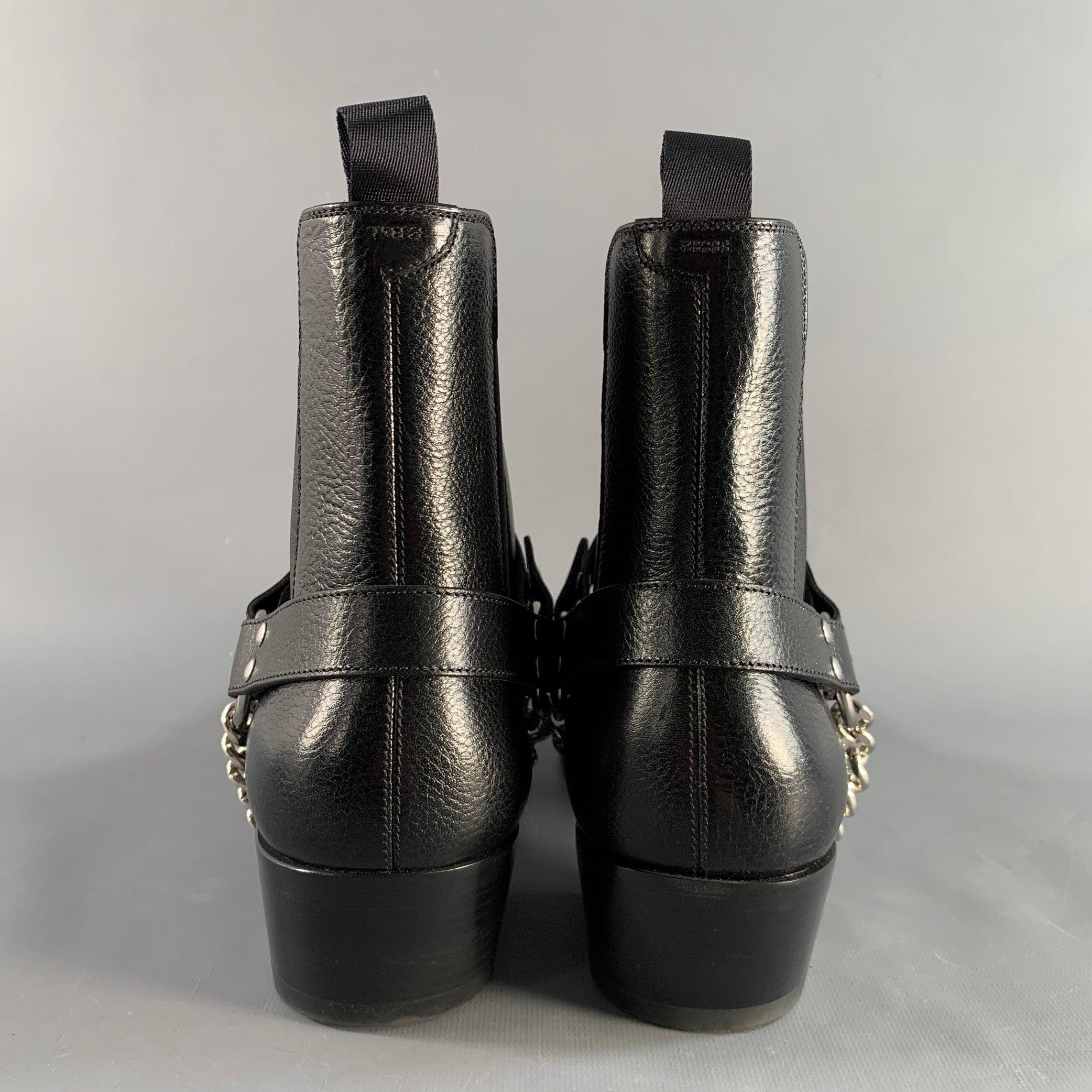 CELINE Size 9 Black Silver Leather Harness Boots In Excellent Condition For Sale In San Francisco, CA