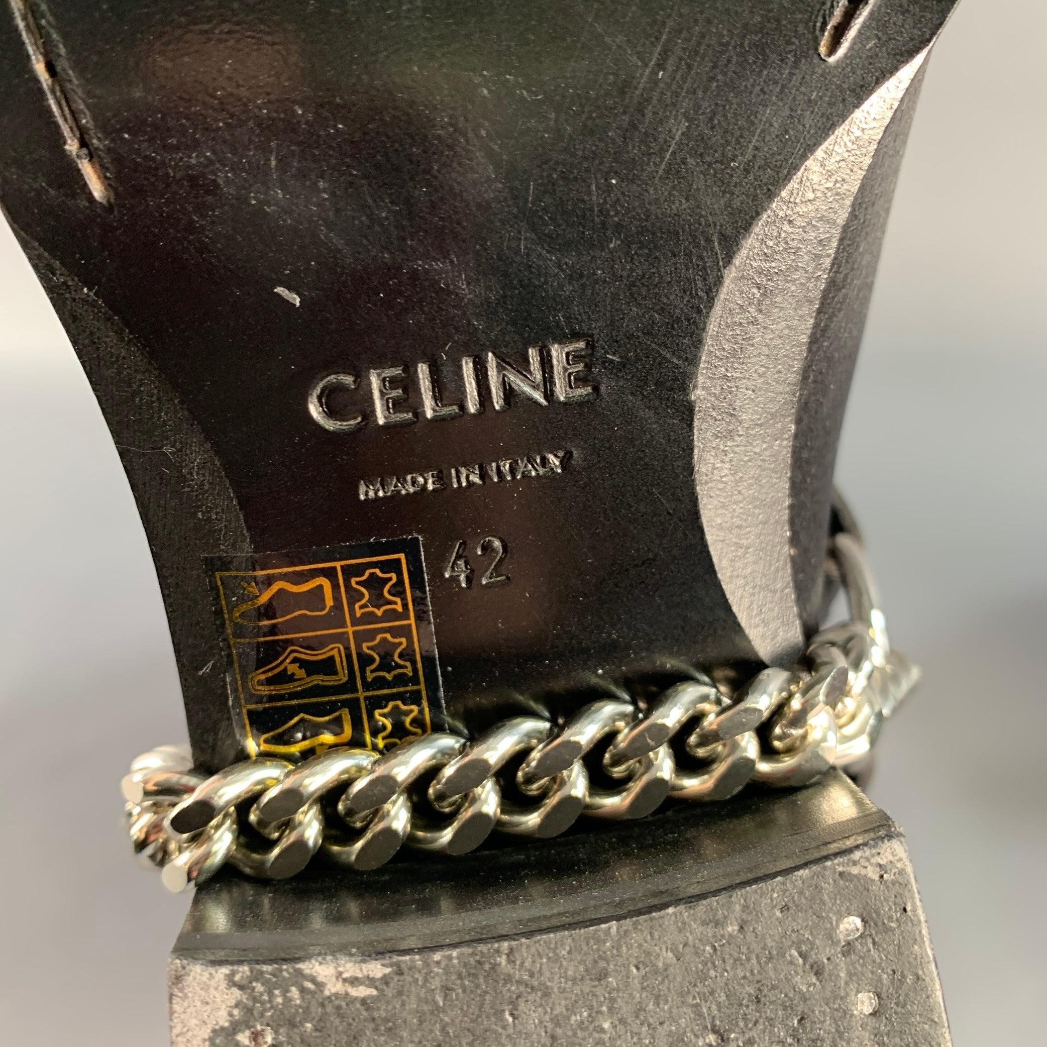 CELINE Size 9 Black Silver Leather Harness Boots For Sale 2
