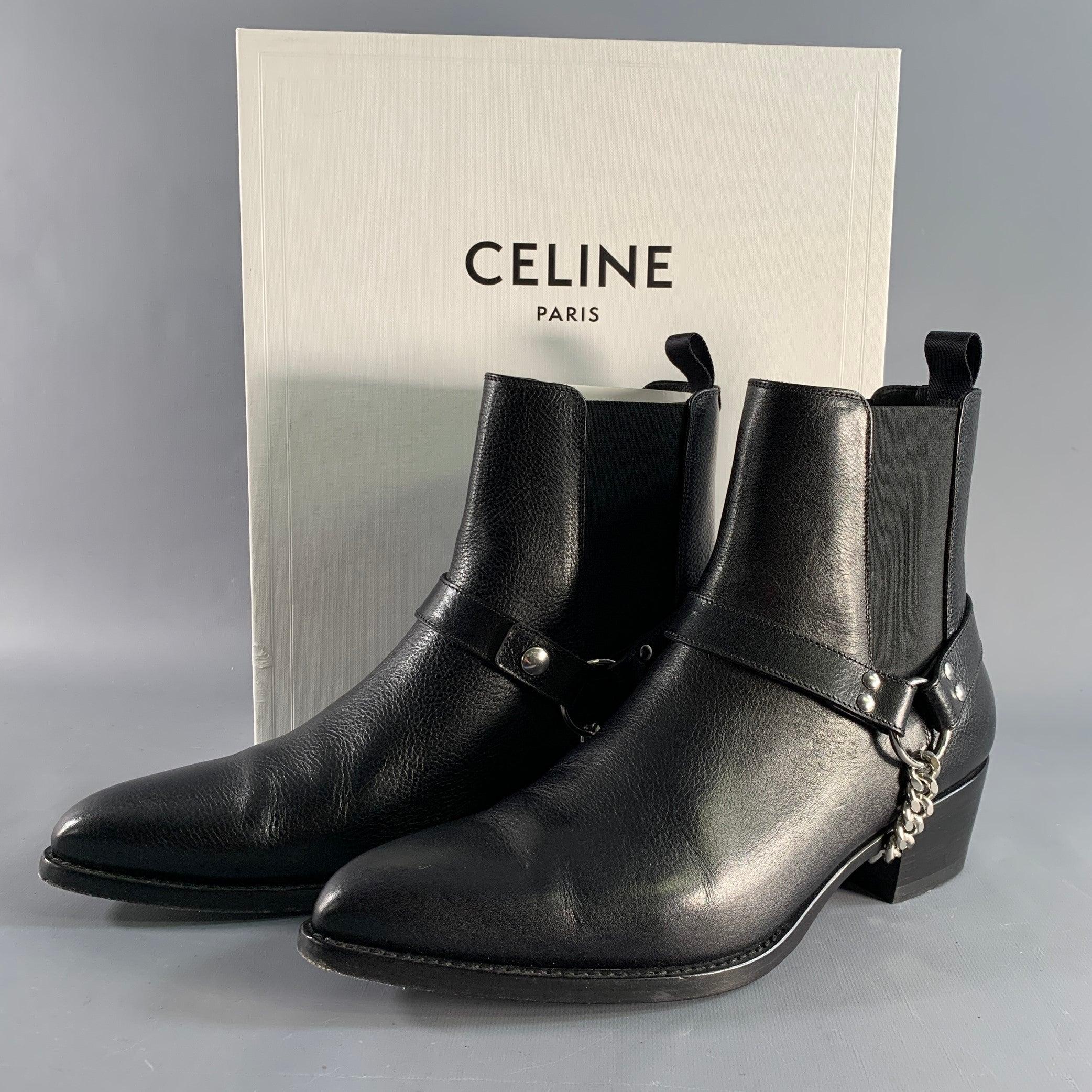 CELINE Size 9 Black Silver Leather Harness Boots For Sale 5
