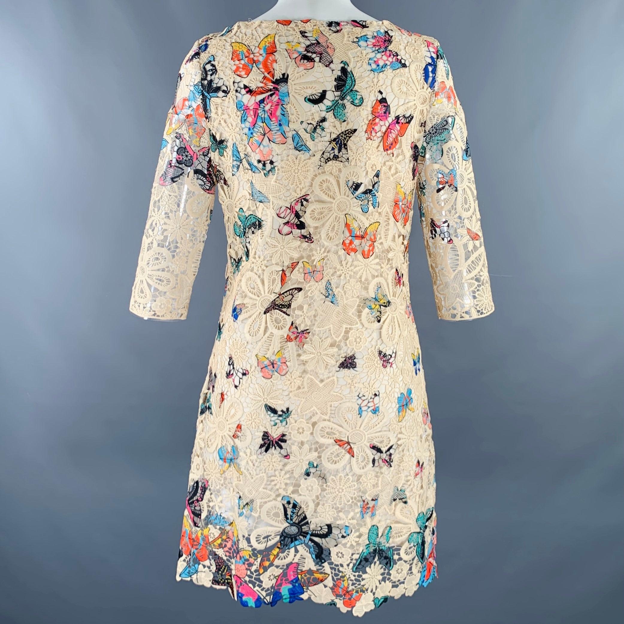 CELINE Size S Cream Multi Color Butterflies Lace Knee Length Dress In Excellent Condition In San Francisco, CA