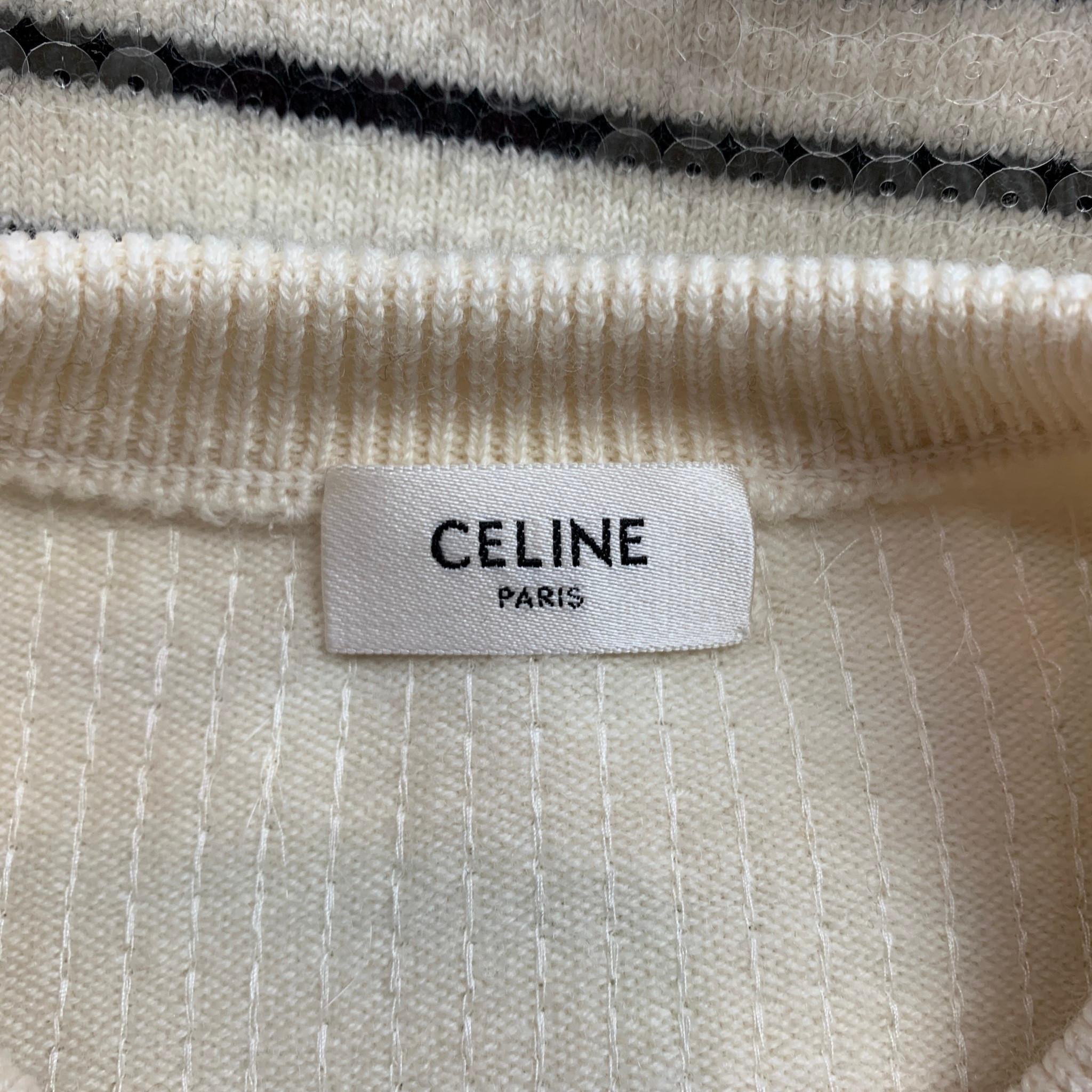 Beige CELINE Size S Cream Sequined Striped Wool Marin Sweater