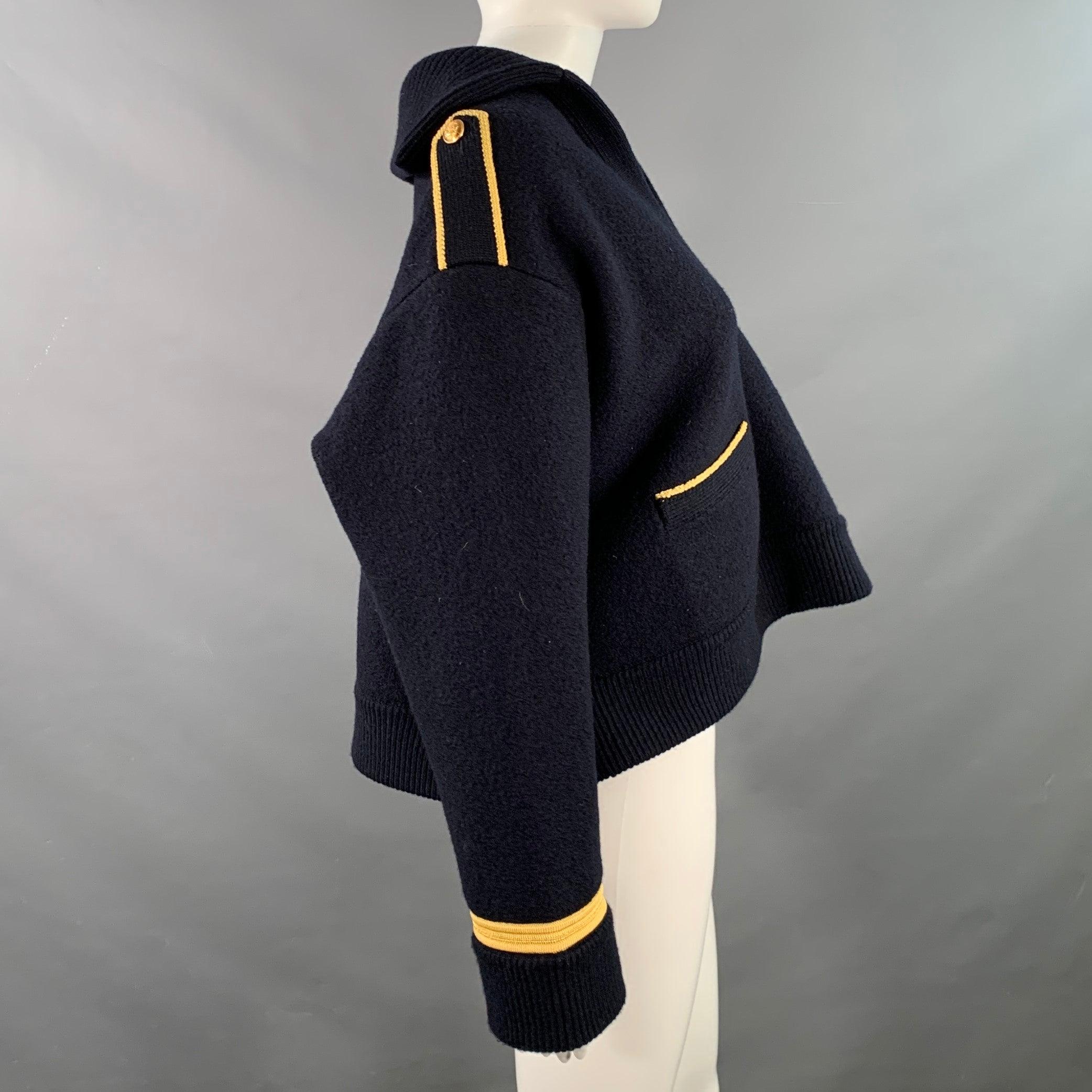 Black CELINE Size S Navy Gold Wool Contrast Trim Military Sweater For Sale
