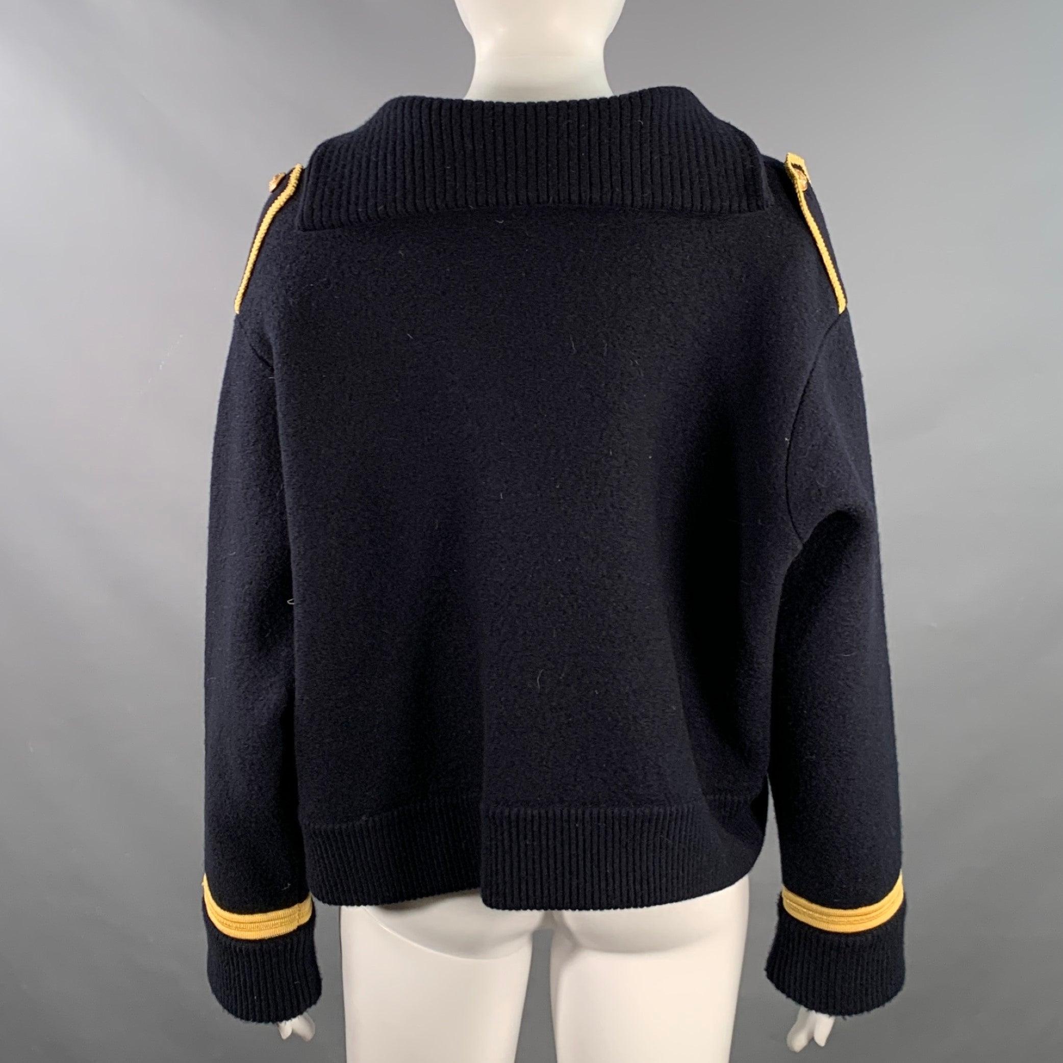Women's CELINE Size S Navy Gold Wool Contrast Trim Military Sweater For Sale