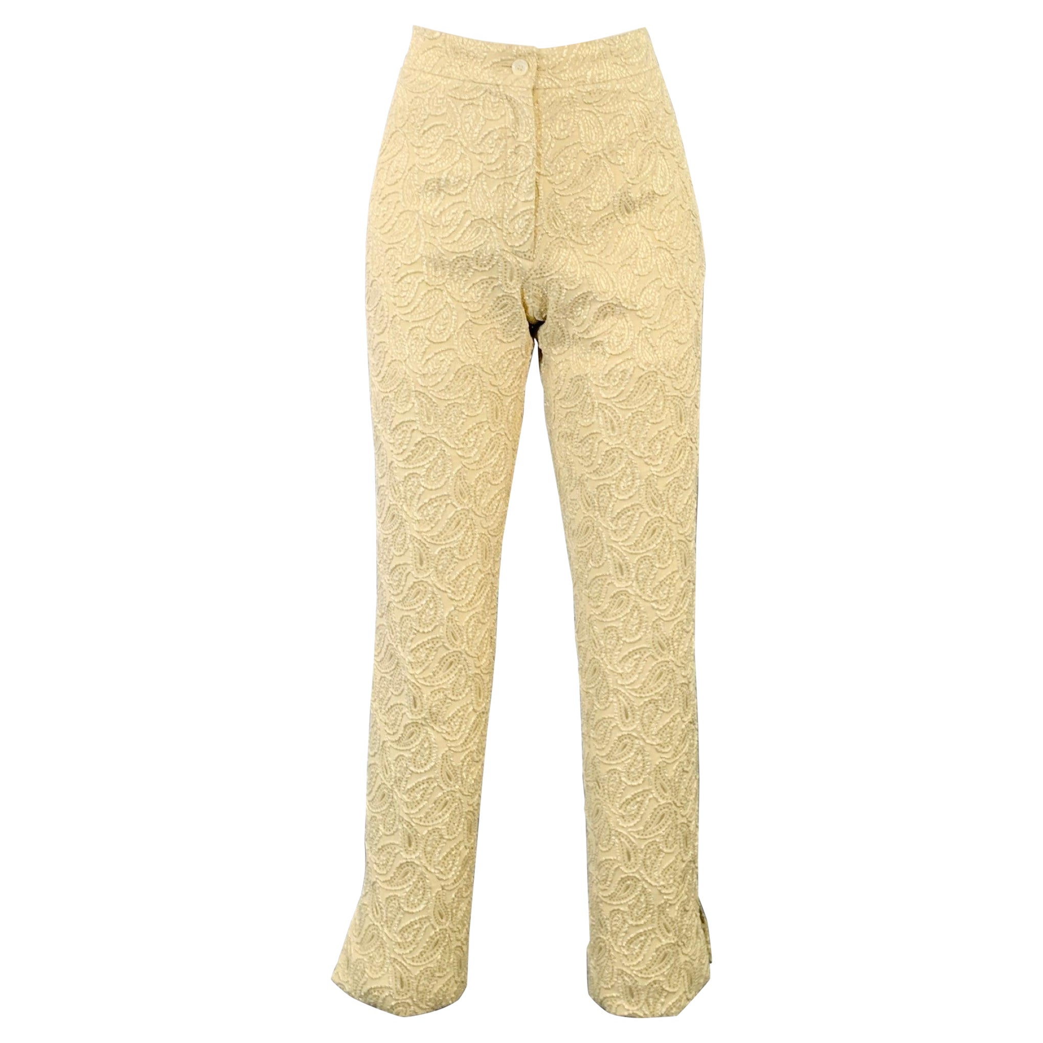 CELINE Size XS Cream Silver Jacquard Paisley Straight Dress Pants For Sale