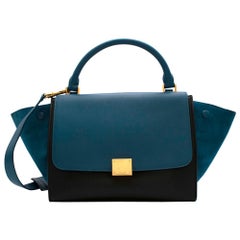 Celine Small Blue & Black Suede Leather Trapeze Bag - Size Small