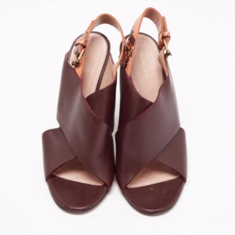 Brown Celine Snakeskin & Leather Cross Strap Open Toe Slingback Wedge Sandals Size 39 For Sale