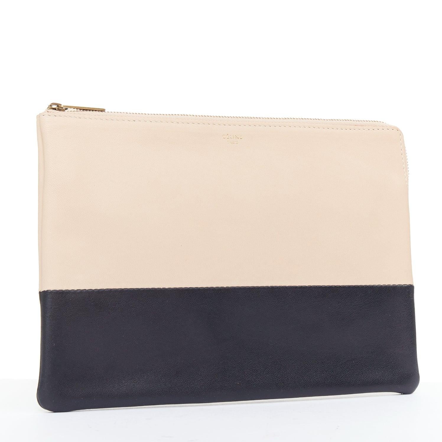 White CELINE Solo beige black bicolor smooth leather gold logo pouch clutch For Sale