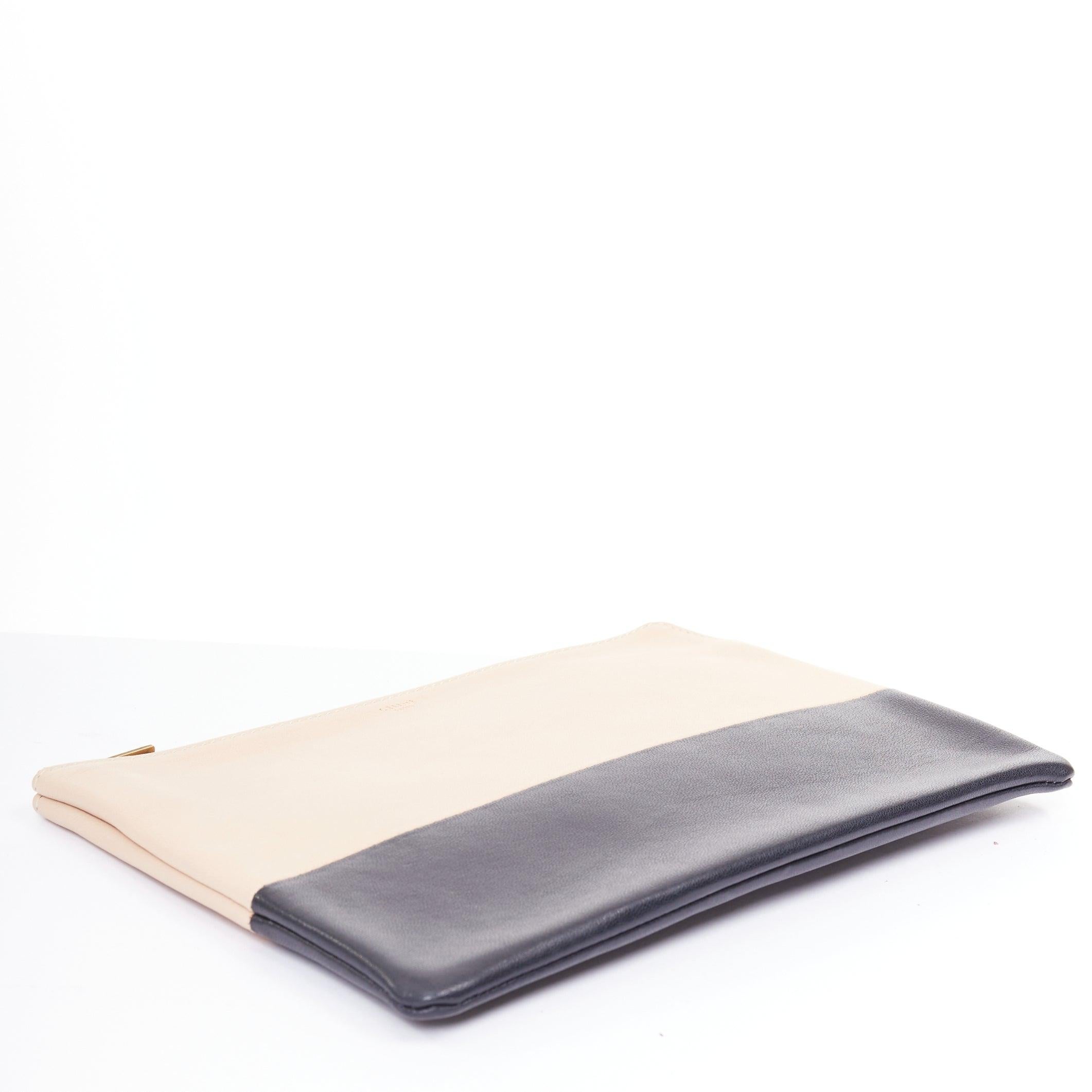 Women's CELINE Solo beige black bicolor smooth leather gold logo pouch clutch For Sale