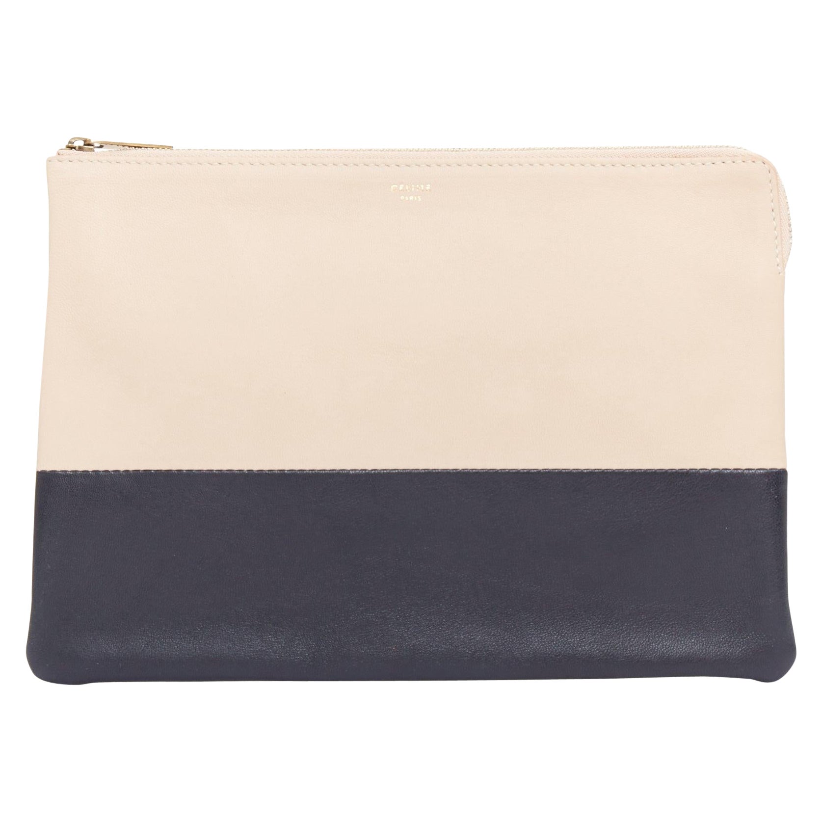 CELINE Solo beige black bicolor smooth leather gold logo pouch clutch For Sale