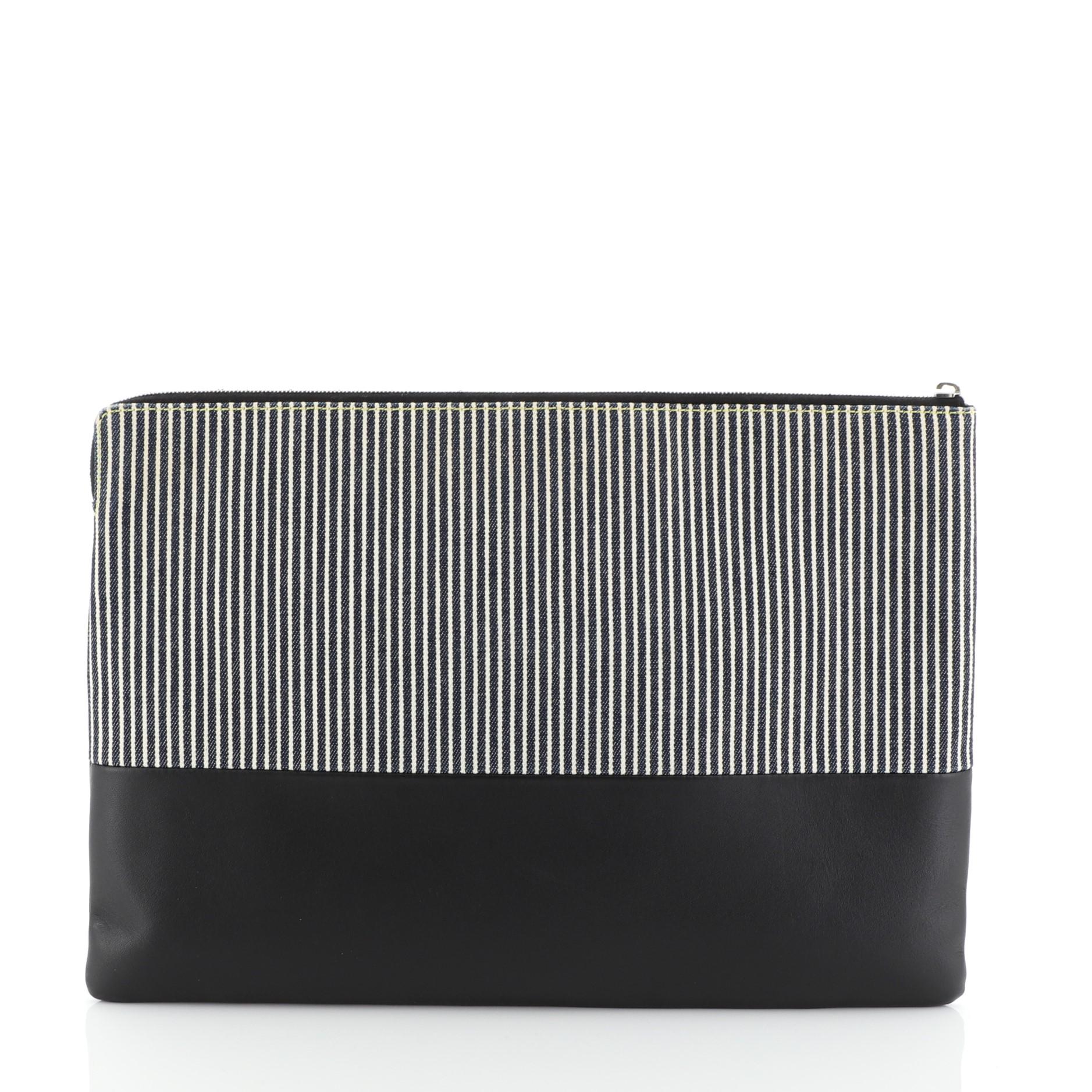 Black Celine Solo Clutch Striped Canvas and Leather Large
