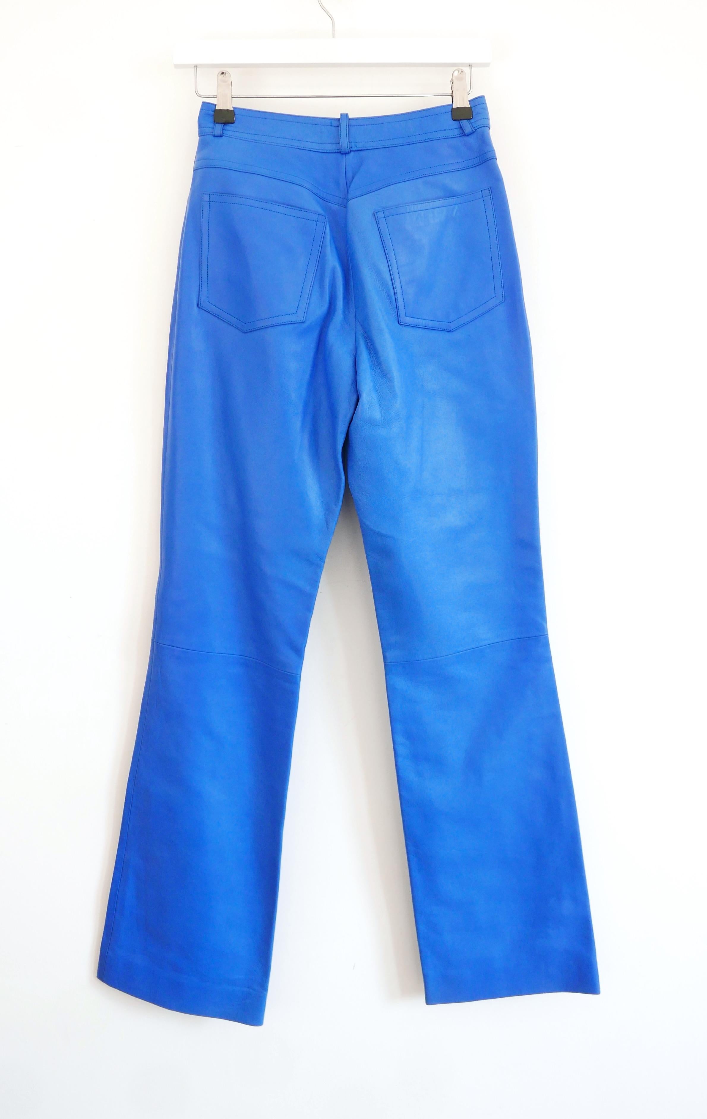 Women's Celine Spring 2000 Cerulean Blue Leather Pants For Sale