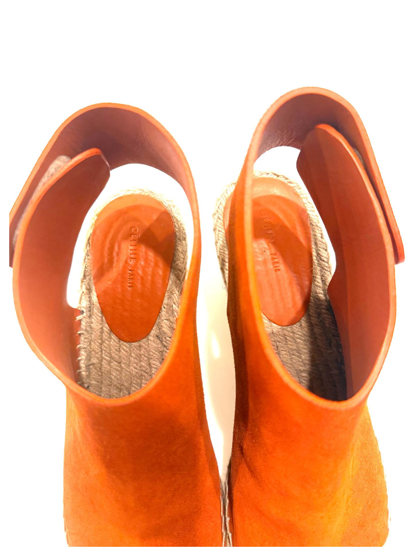 CÉLINE SS16 Sandalias de cuña con alpargata de ante naranja quemado talla 38 en venta 4