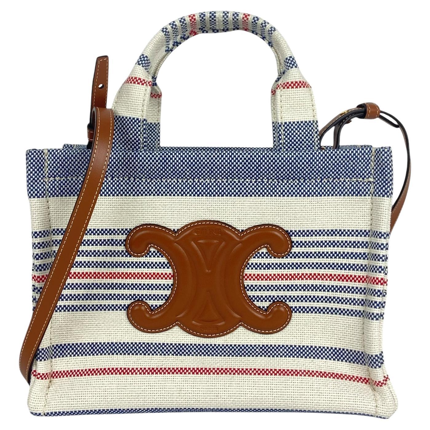 Celine Striped Canvas Small Cabas Thais Bag w/ Calfskin Triomphe For Sale
