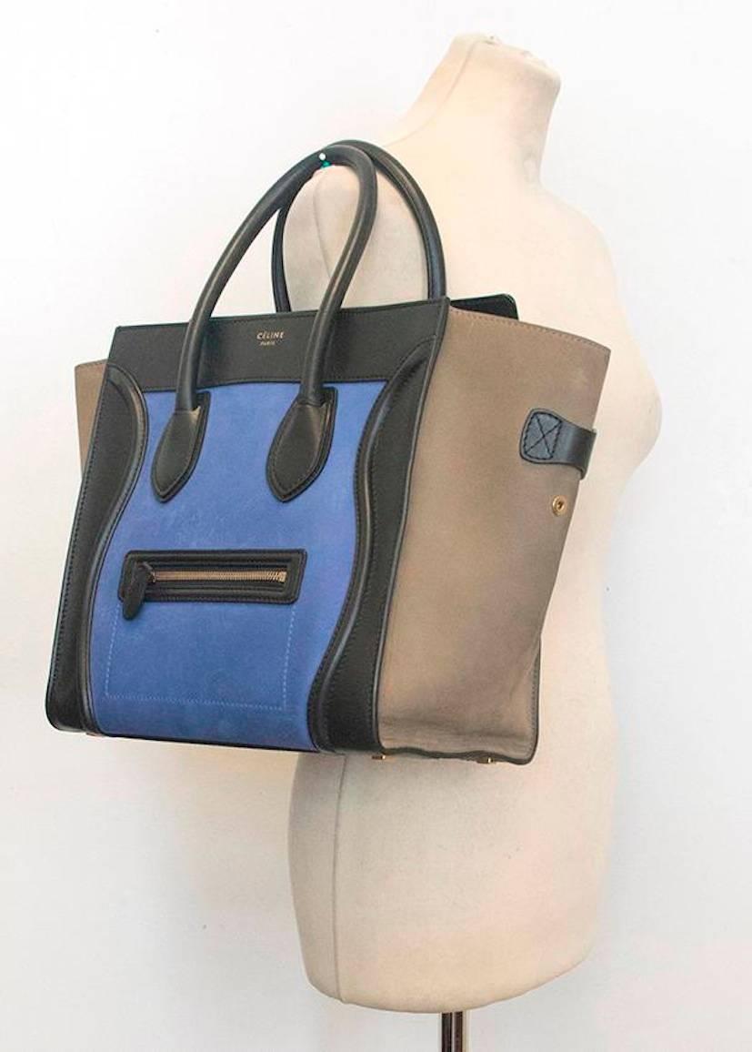 Gray Celine suede colbat blue and taupe luggage tote