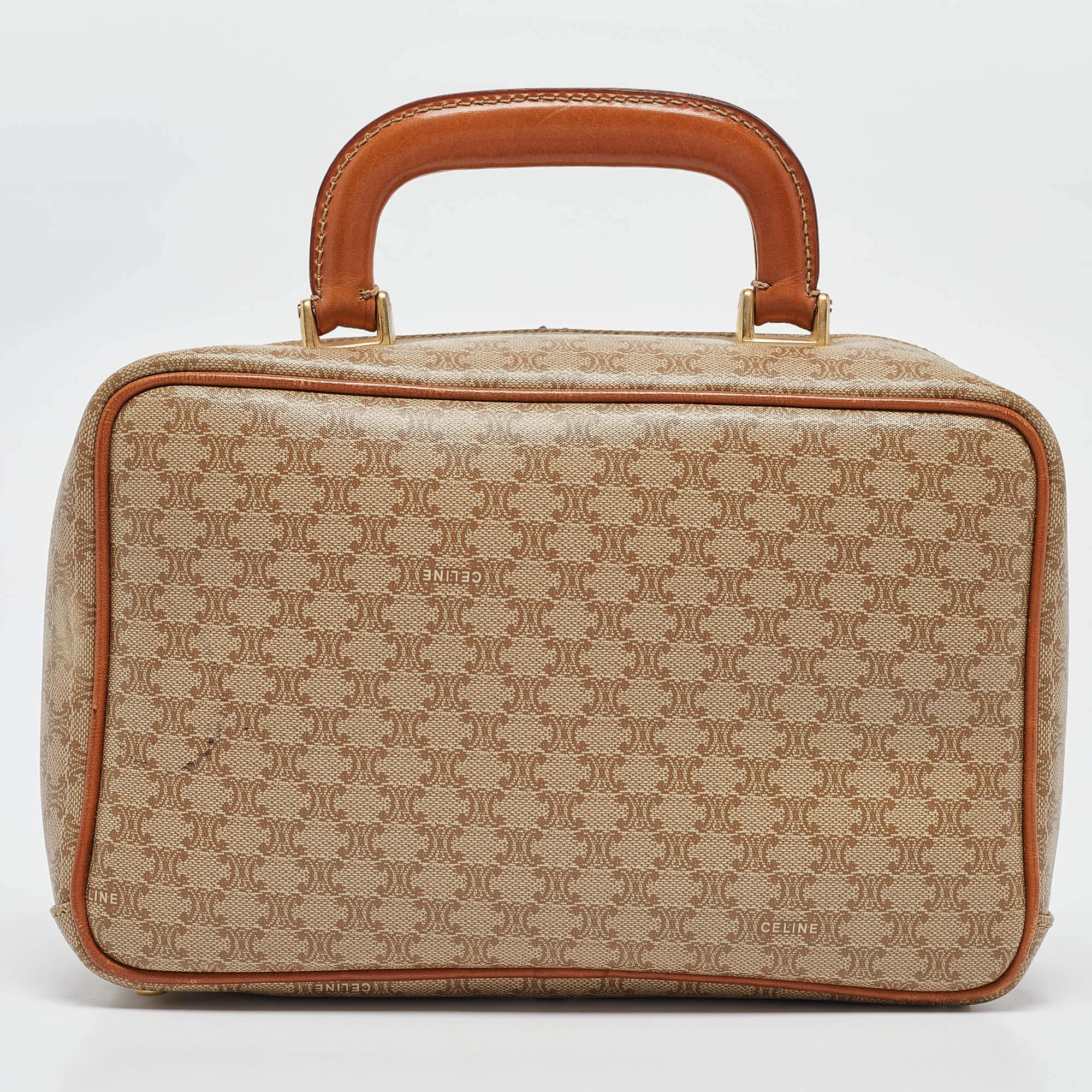 Celine Tan/Beige Macadam Coated Canvas Top Handle Bag In Good Condition In Dubai, Al Qouz 2