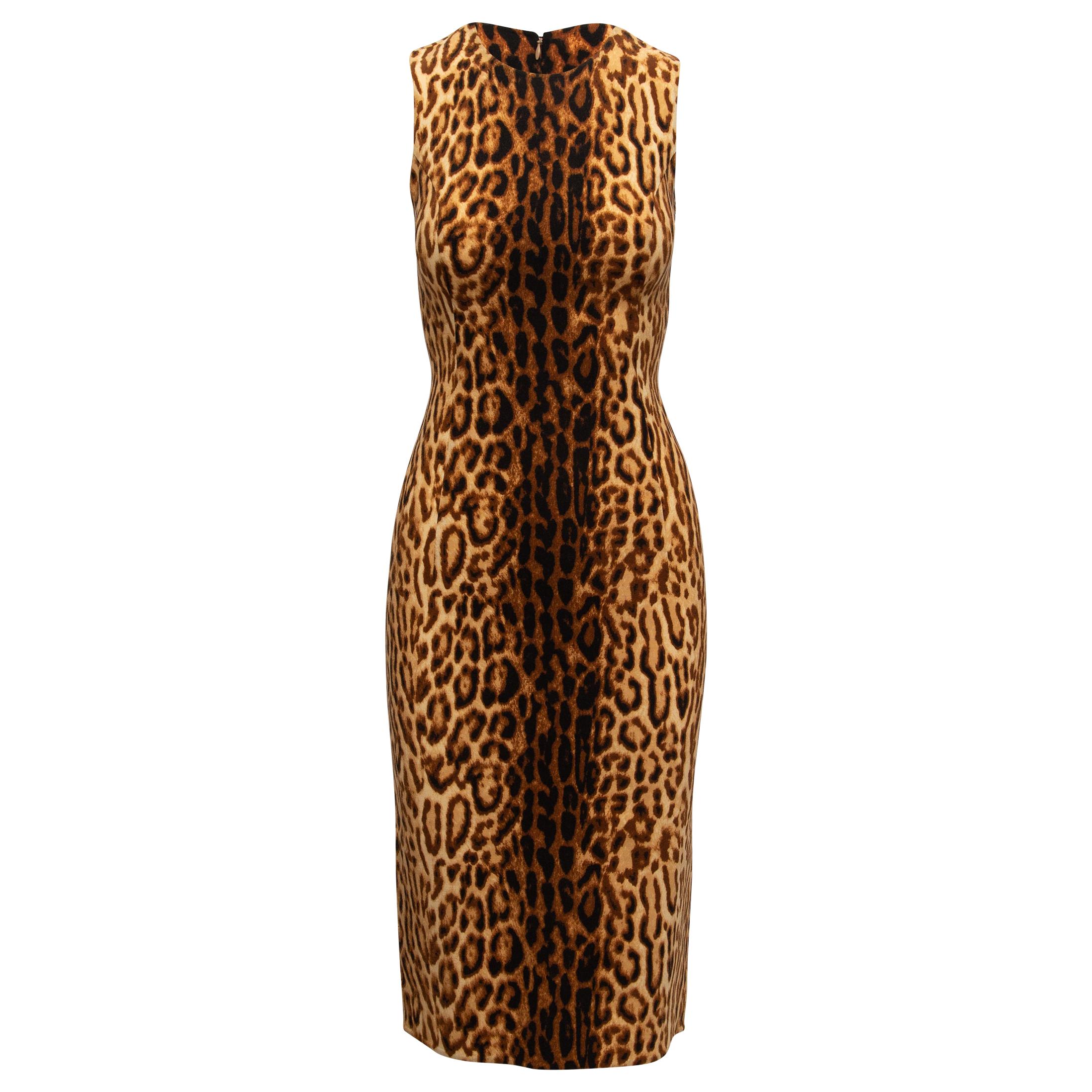 Celine Tan & Black Leopard Print Virgin Wool Dress