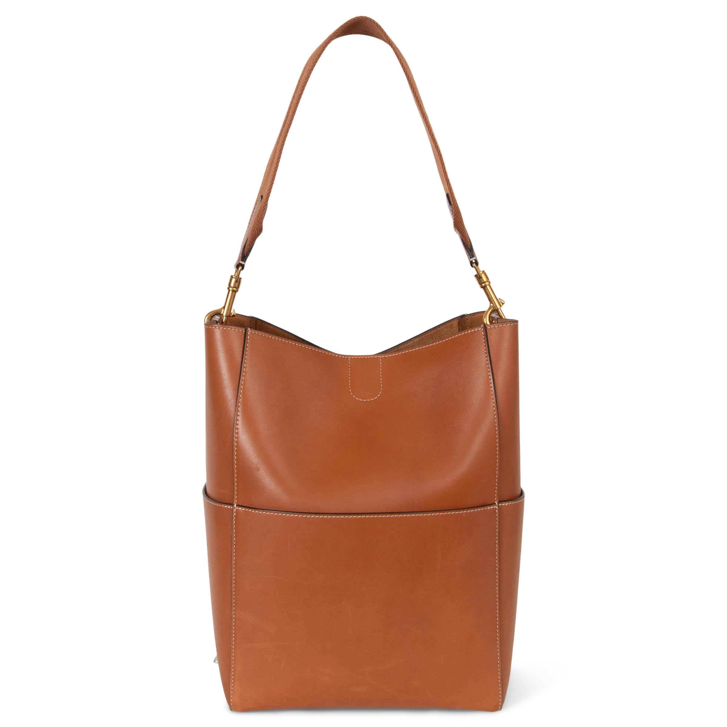 Brown CELINE tan brown leather SANGLE LARGE Bucket Shoulder Bag For Sale