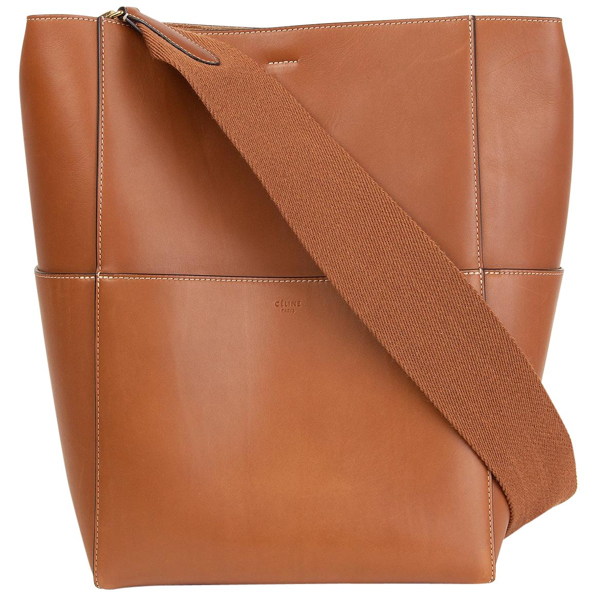 CELINE Tan brown Natural Calfskin leather SANGLE BUCKET Shoulder Bag
