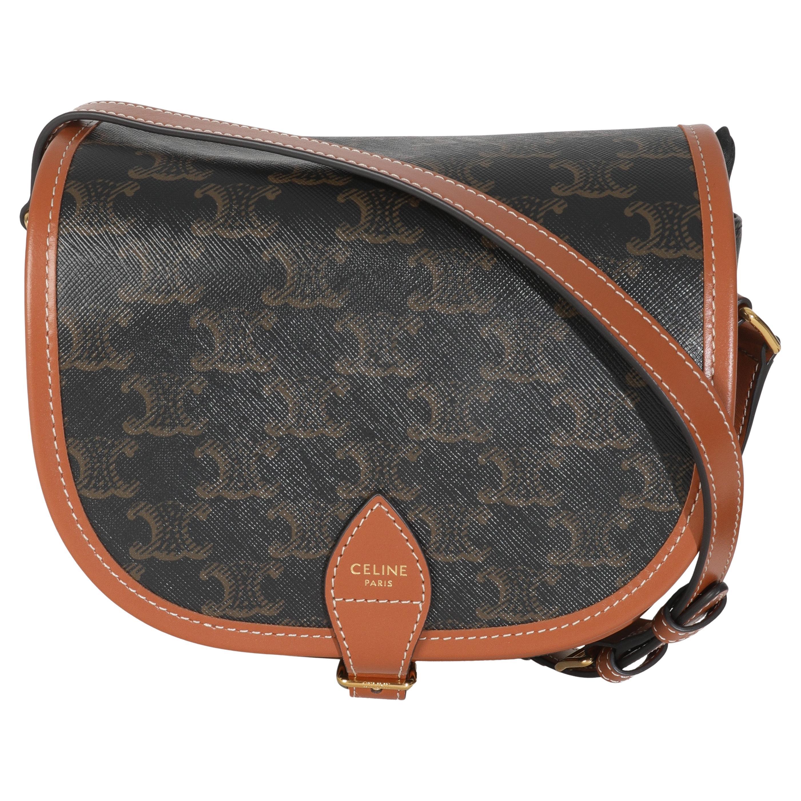 Celine Tan Calfskin Brown Triomphe Canvas Medium Folco Crossbody