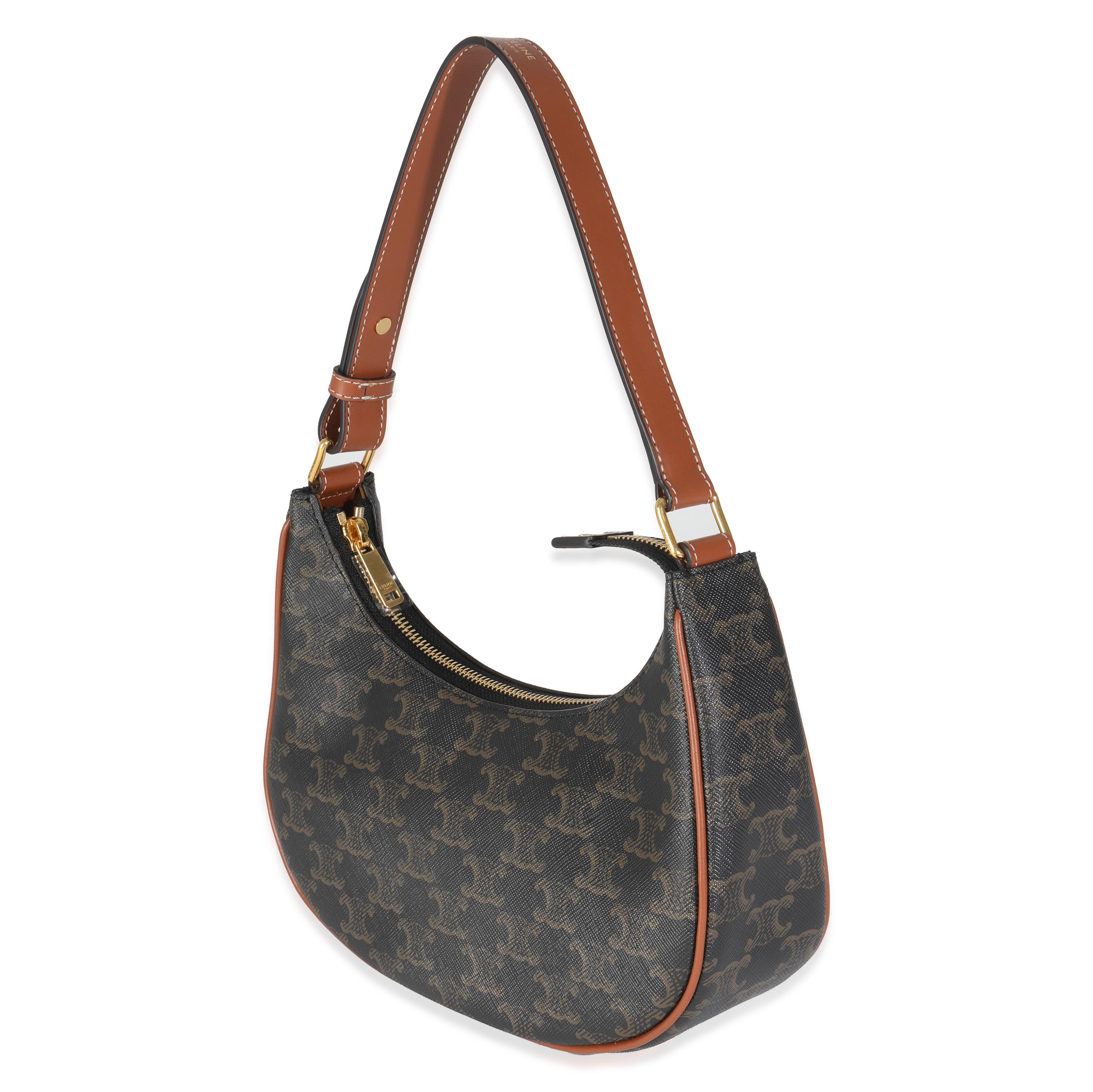Celine Tan Calfskin Triomphe Canvas Ava Shoulder Bag In Excellent Condition For Sale In New York, NY