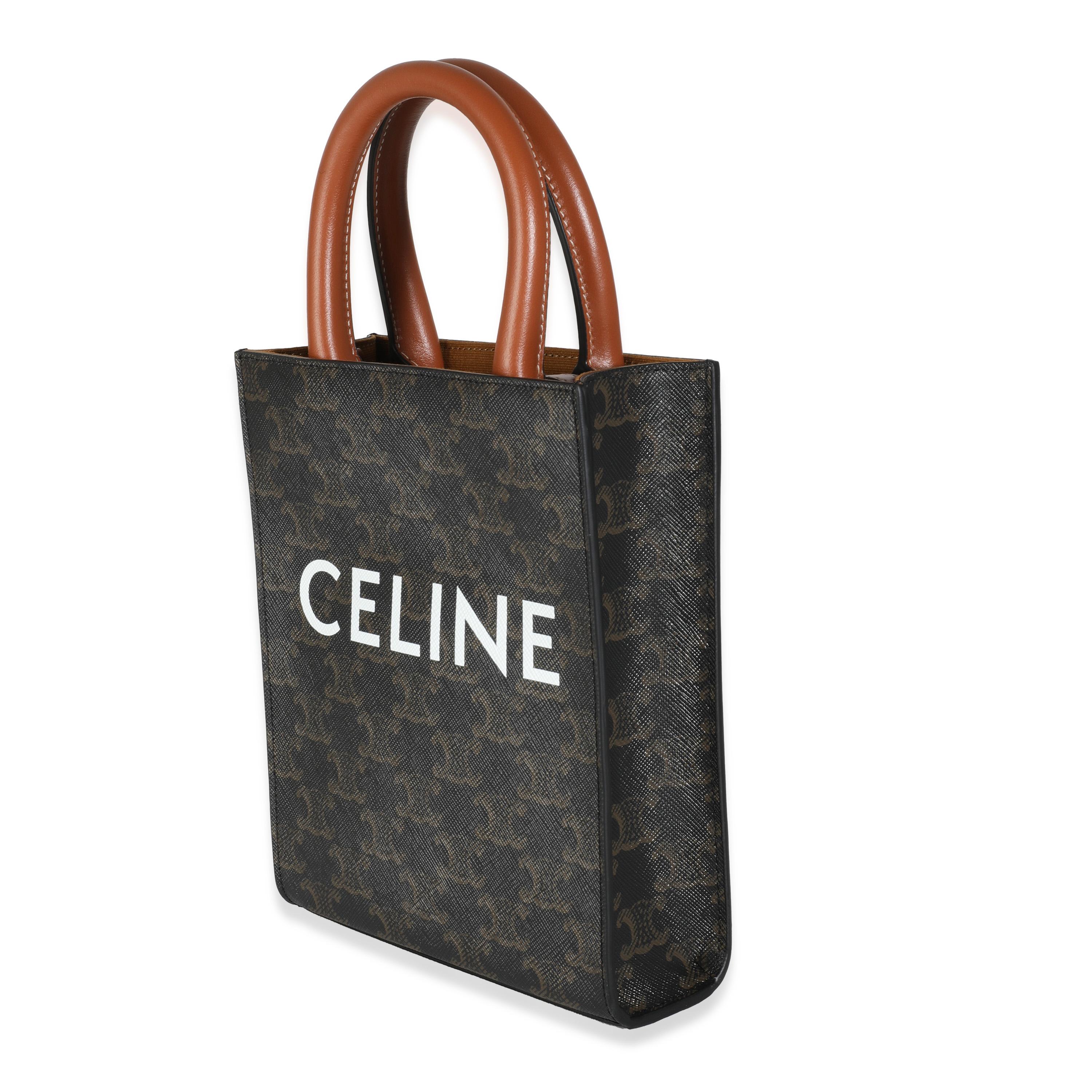 Celine Tan Calfskin Triomphe Canvas Mini Vertical Cabas Tote In Excellent Condition In New York, NY