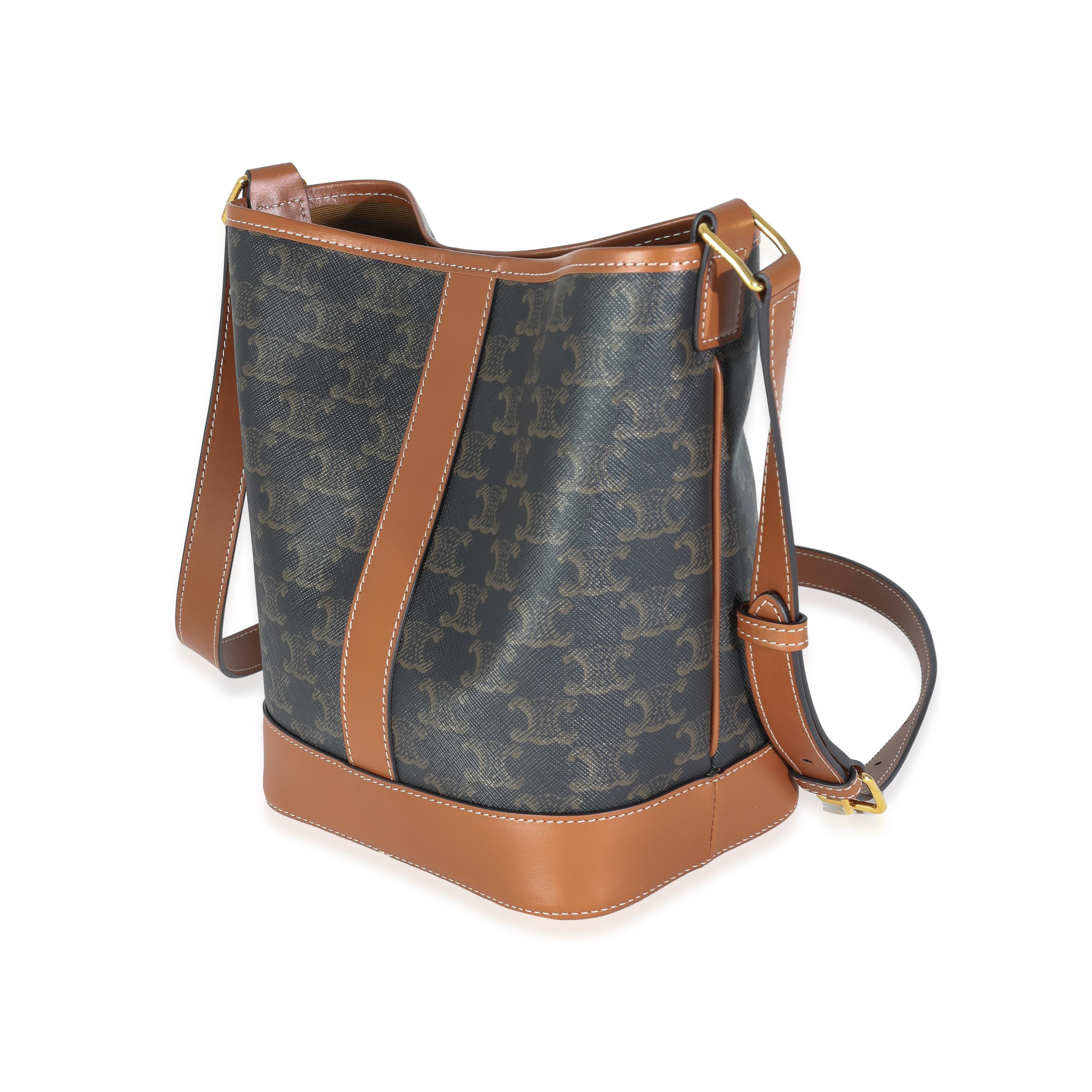 Celine Tan Calfskin Triomphe Canvas Small Bucket Bag In Excellent Condition In New York, NY