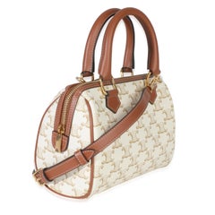 Celine Tan Calfskin White Triomphe Canvas Small Boston Bag
