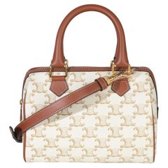 Borsa Boston piccola in tela Triomphe di Celine in vitello marrone e bianco