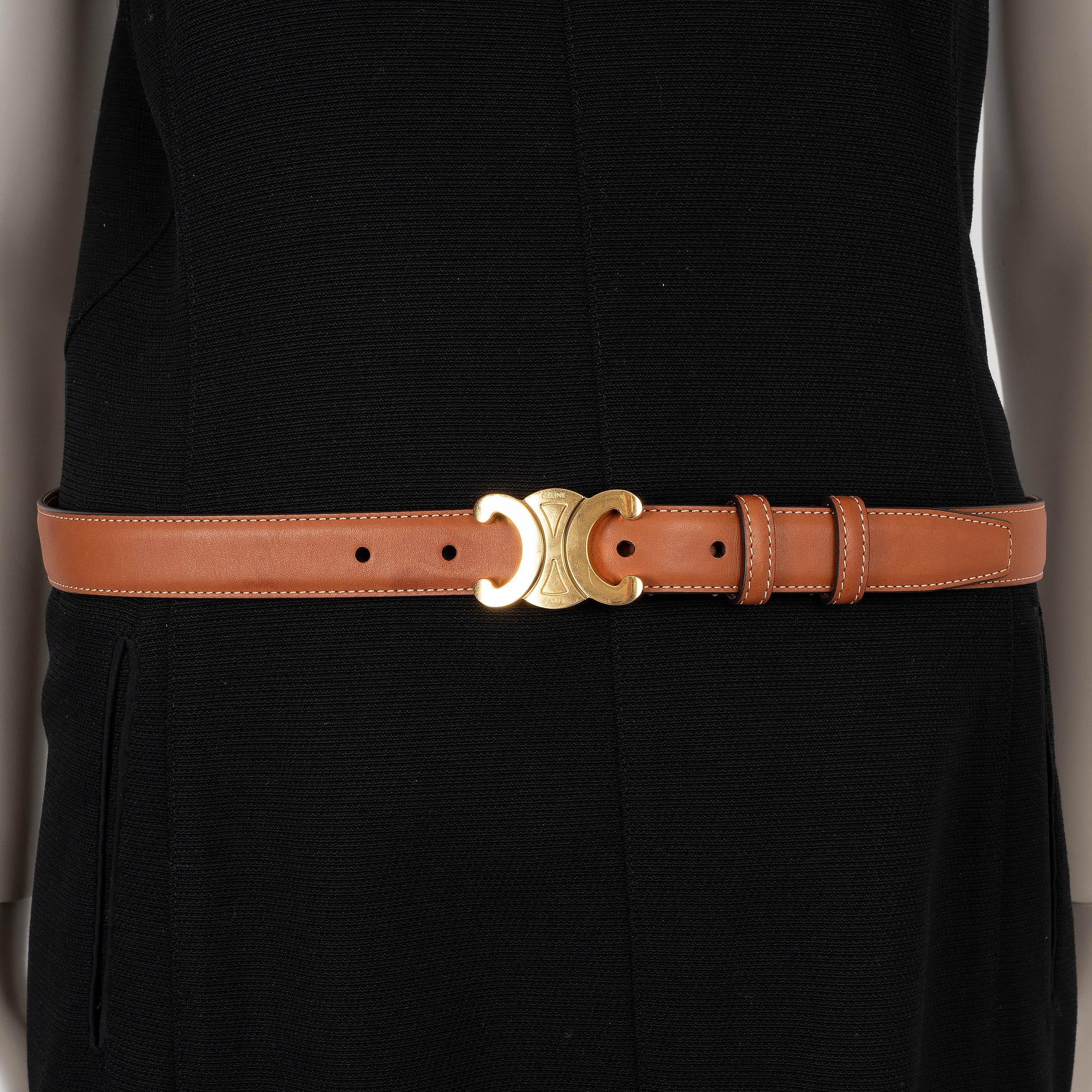 Brown CELINE tan leather 25MM TRIOMPHE MEDIUM Belt 85