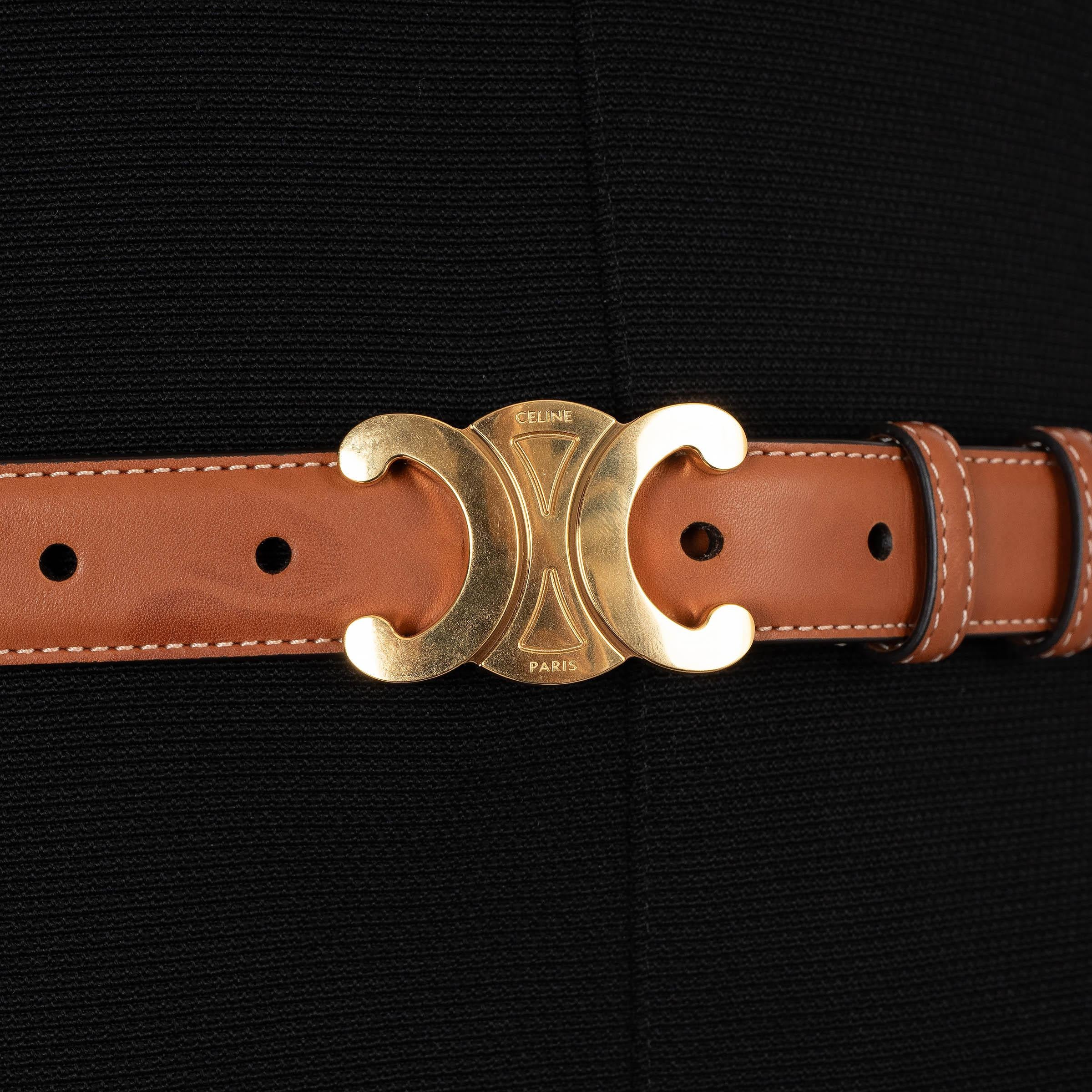 CELINE tan leather 25MM TRIOMPHE MEDIUM Belt 85 1