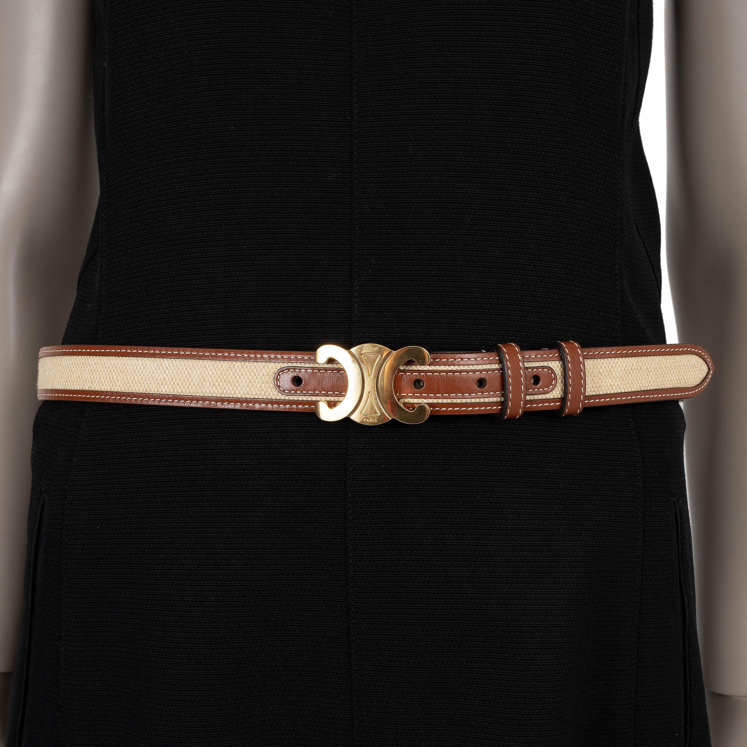 Brown CELINE tan leather & canvas 25MM TRIOMPHE MEDIUM Belt 85 For Sale