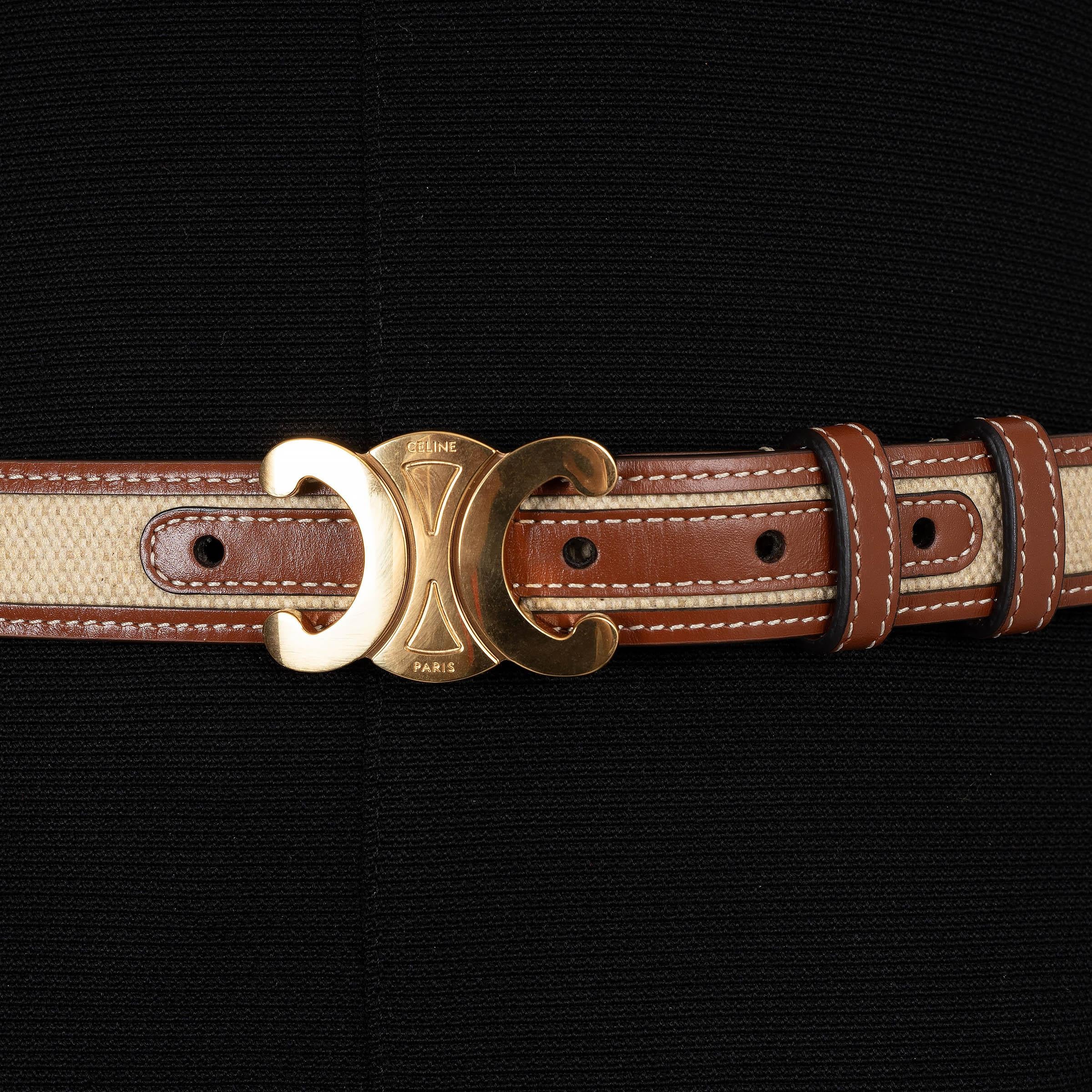 CELINE tan leather & canvas 25MM TRIOMPHE MEDIUM Belt 85 For Sale 1