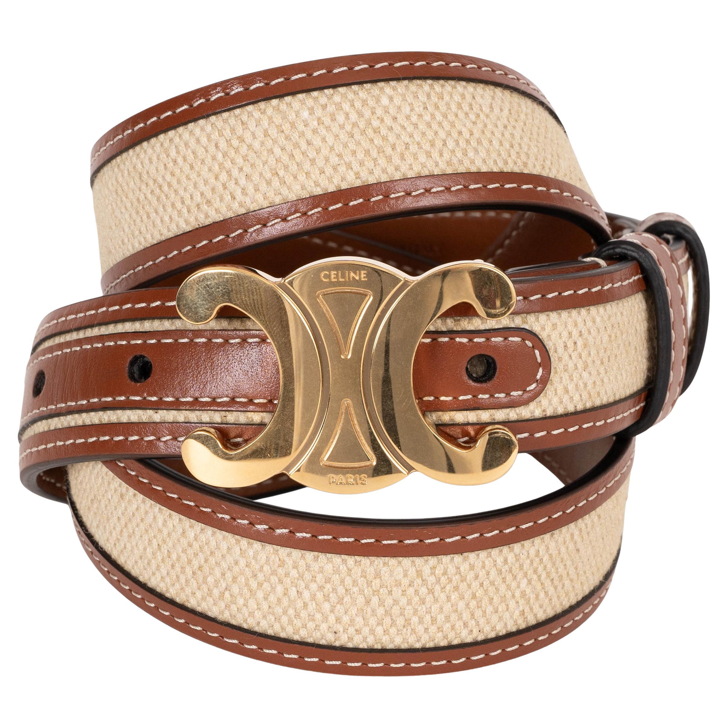 CELINE tan leather & canvas 25MM TRIOMPHE MEDIUM Belt 85 For Sale