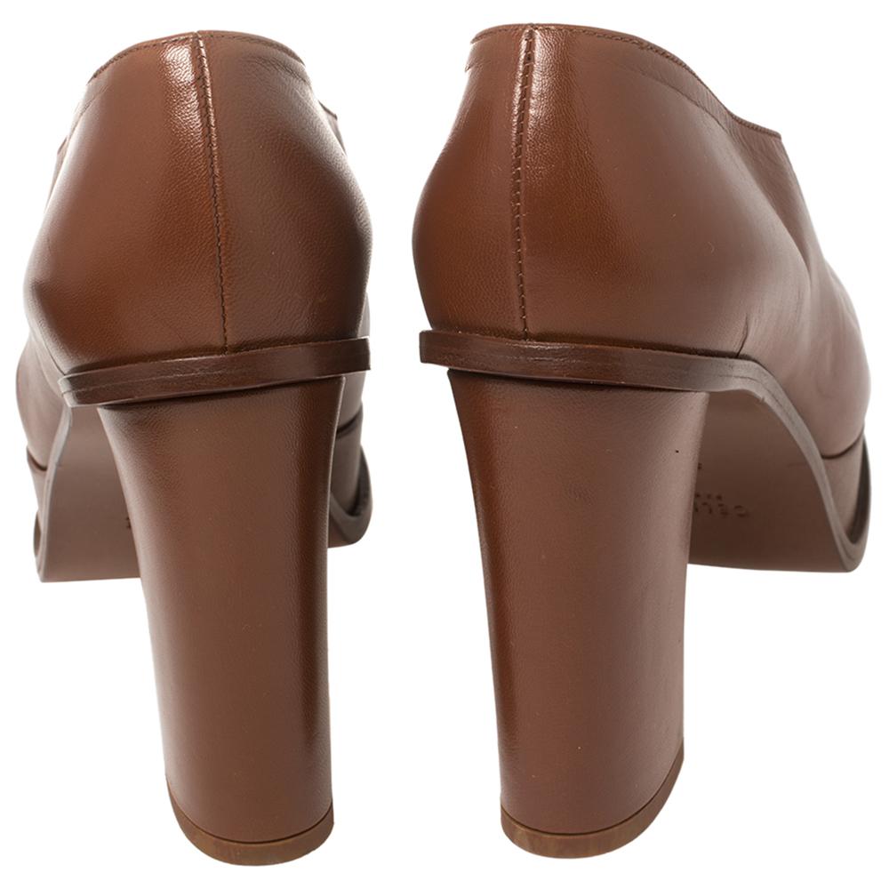 Brown Celine Tan Leather Square Toe Platform Booties Size 37