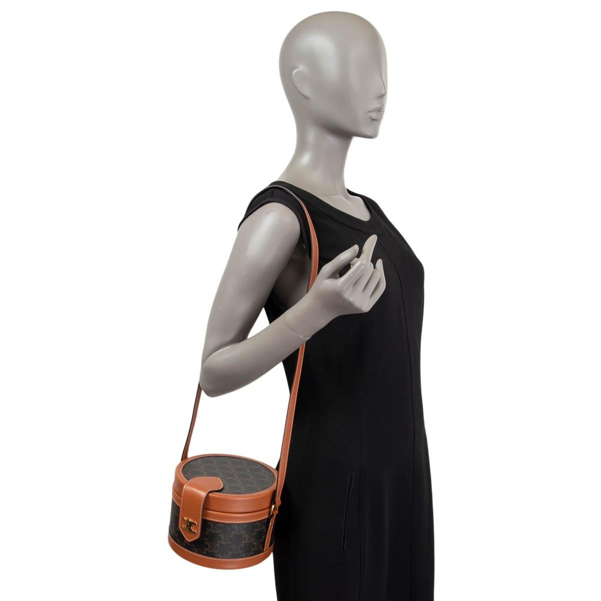 Women's CELINE tan leather & Triomphe canvas MEDIUM TAMBOUR Shoulder Bag For Sale