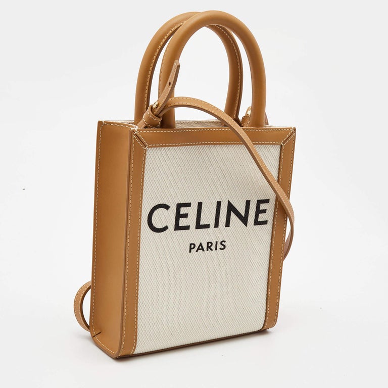 CELINE logo Vertical Cabas Mini 2WAY Shoulder Bag Canvas/Leather Beige