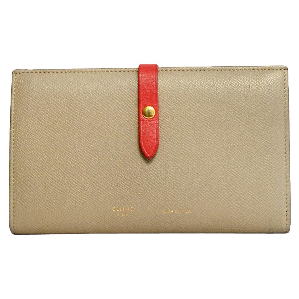 Celine Taupe/Red Grained Calfskin Large Multifunction Strap Wallet rt $810